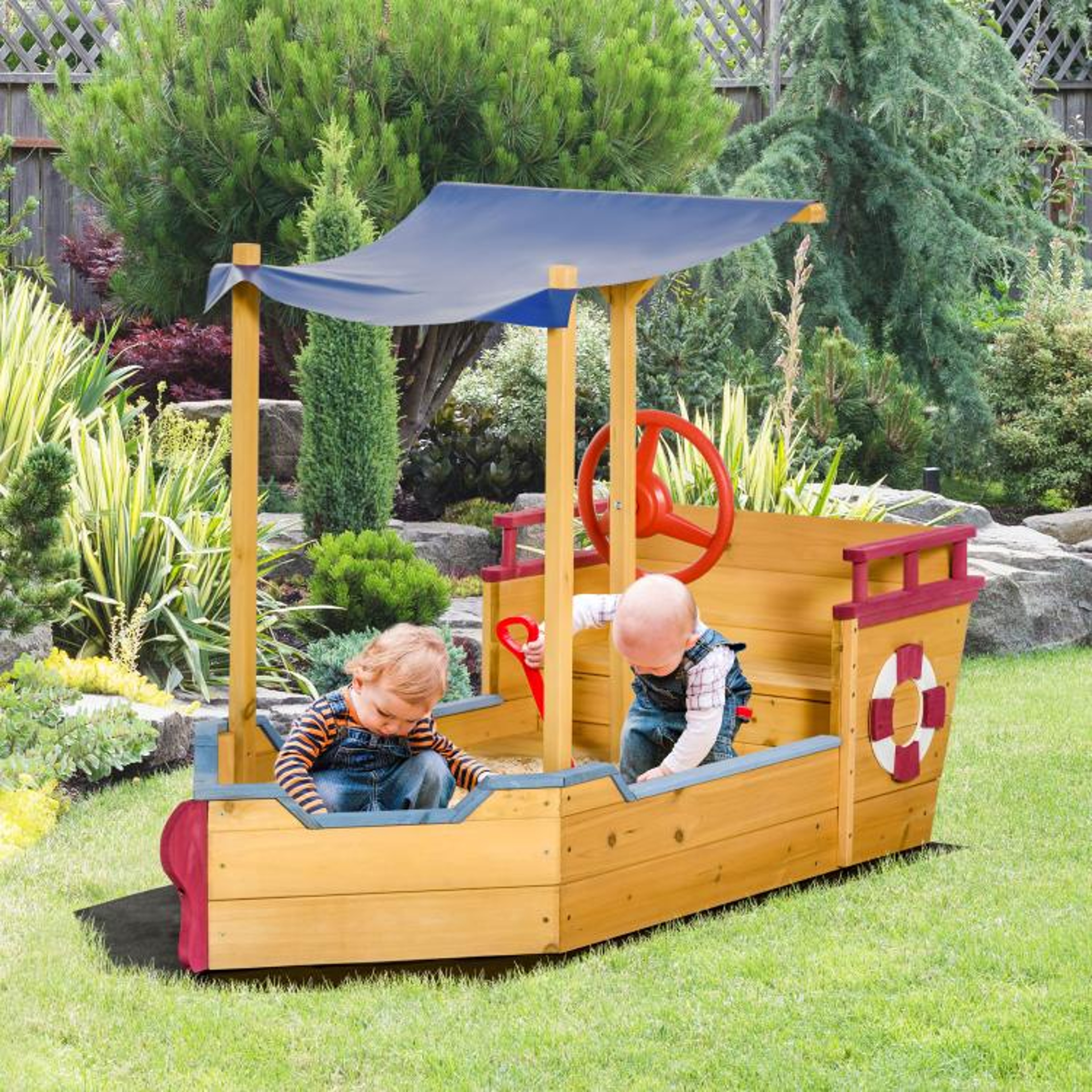Kids Wooden Boat Sandbox With Canopy And Storage Bench 2