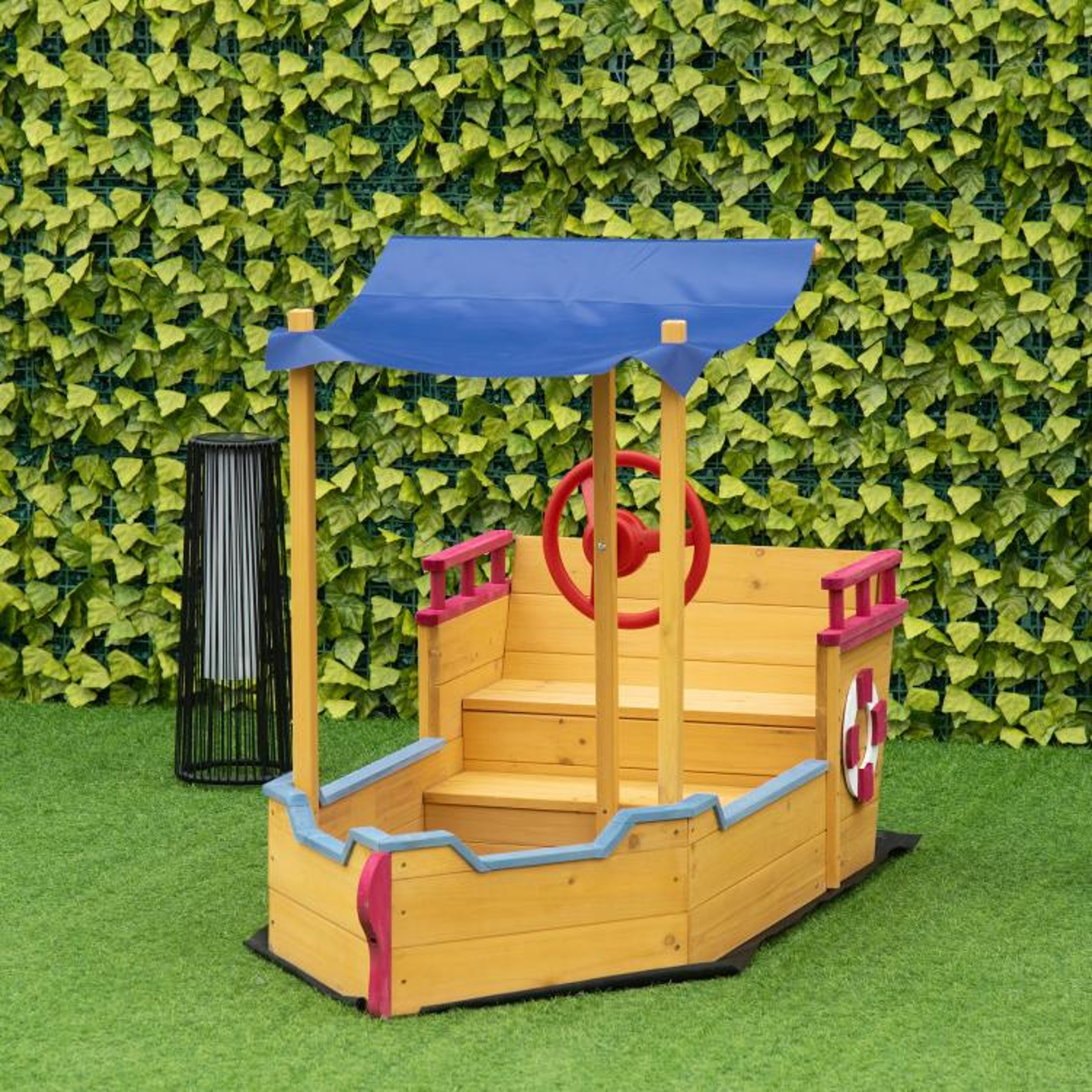 Kids Wooden Boat Sandbox With Canopy And Storage Bench 3