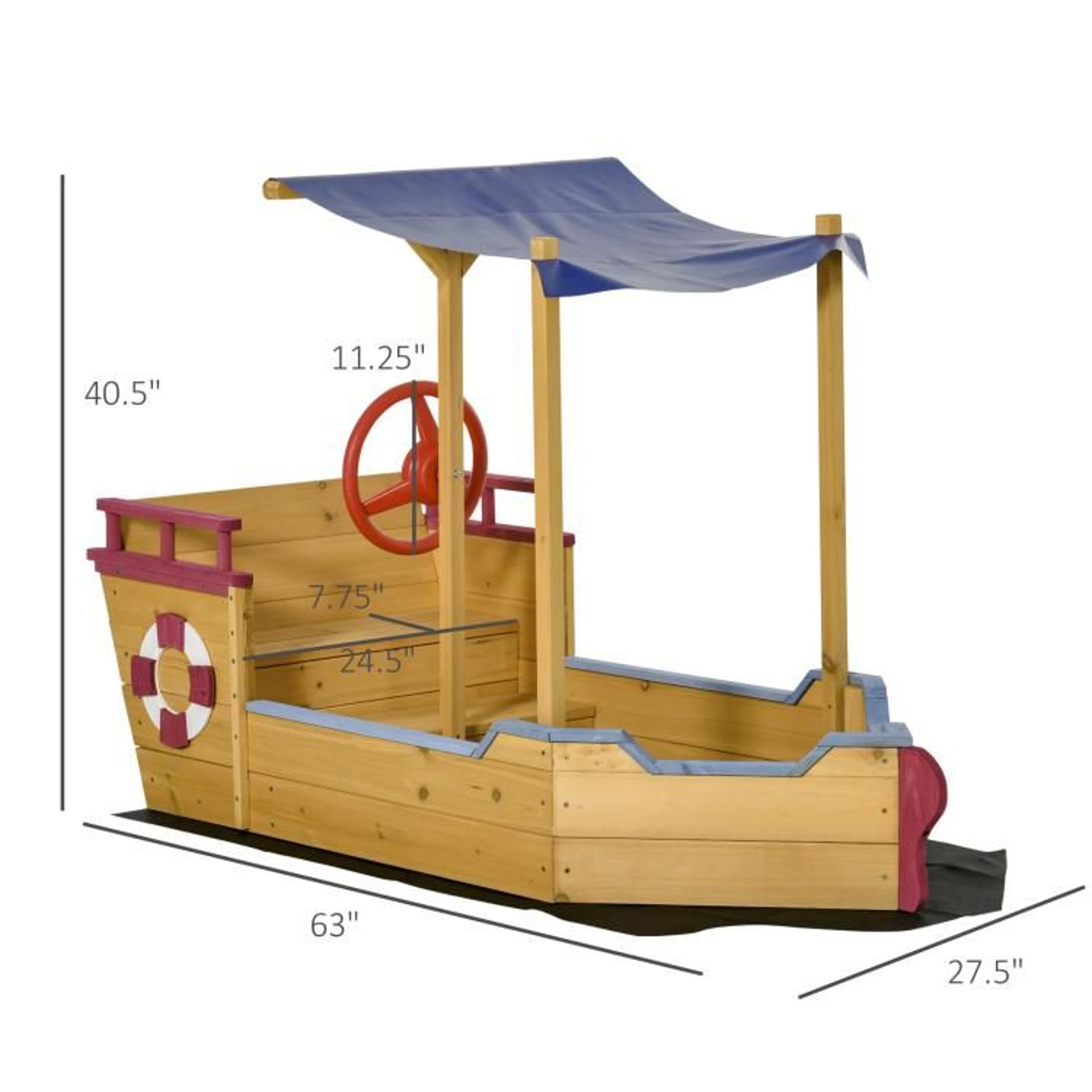 Kids Wooden Boat Sandbox With Canopy And Storage Bench 4