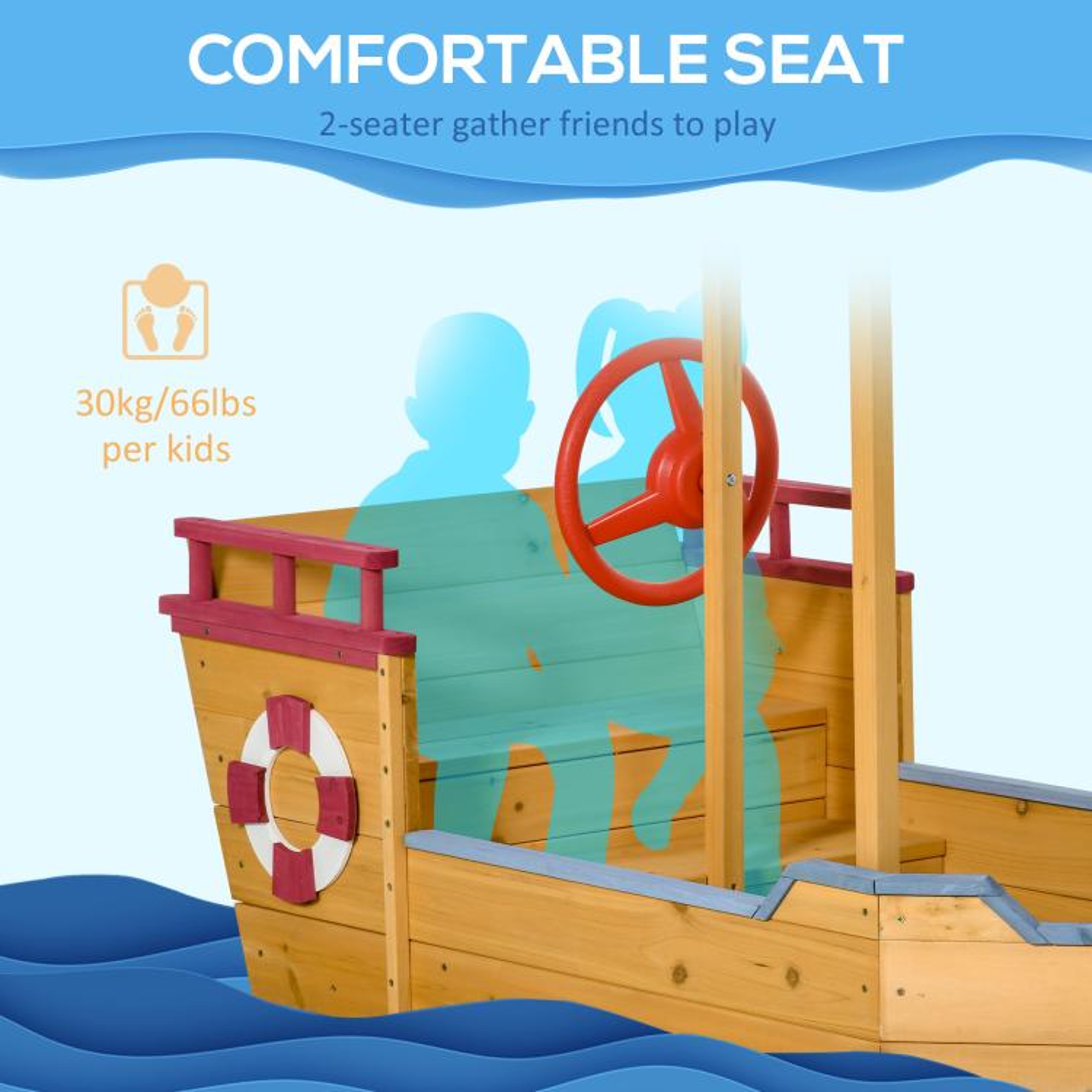 Kids Wooden Boat Sandbox With Canopy And Storage Bench 5