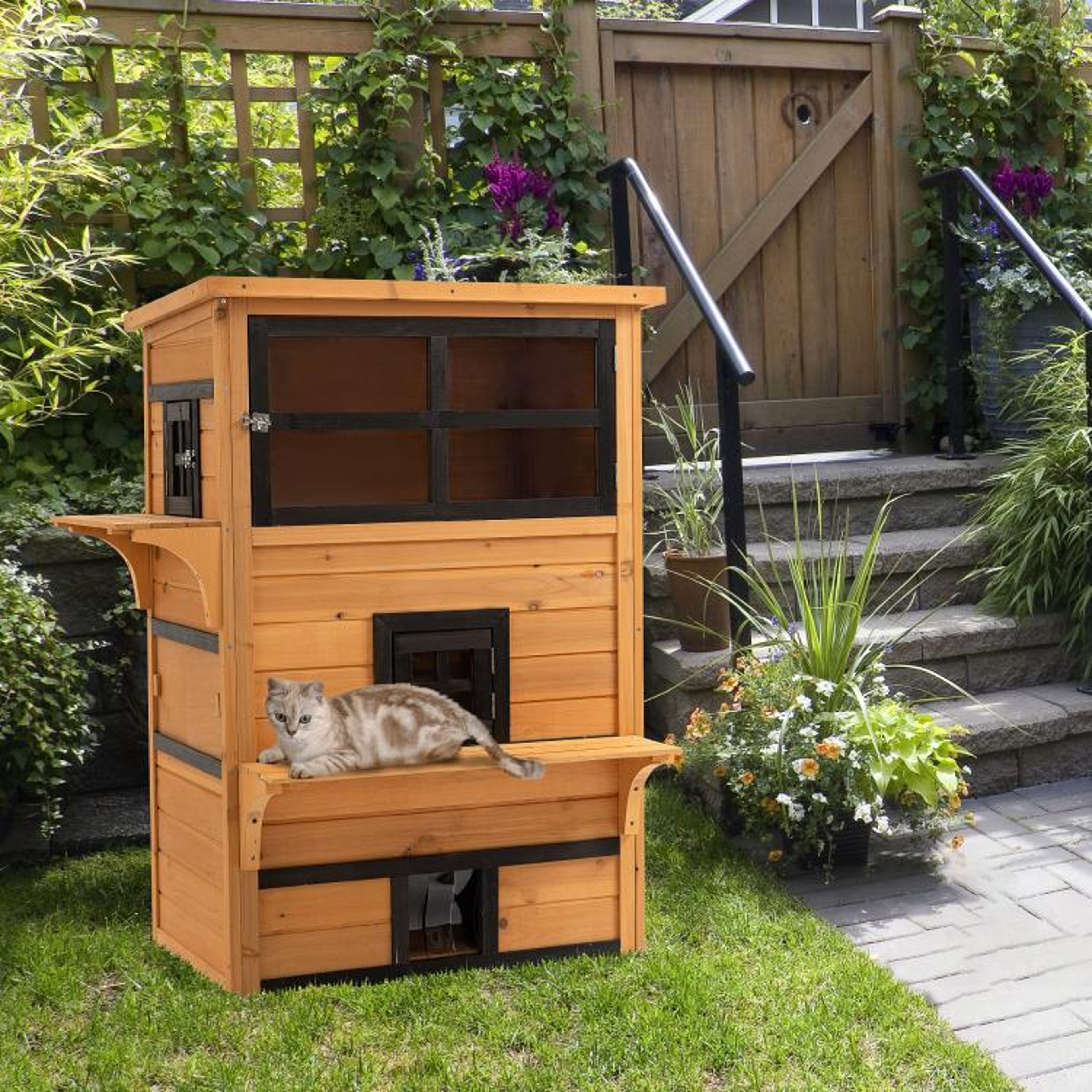 Outdoor 3Tier Wooden Cat House With WeatherResistant Roof And Escape Door 2