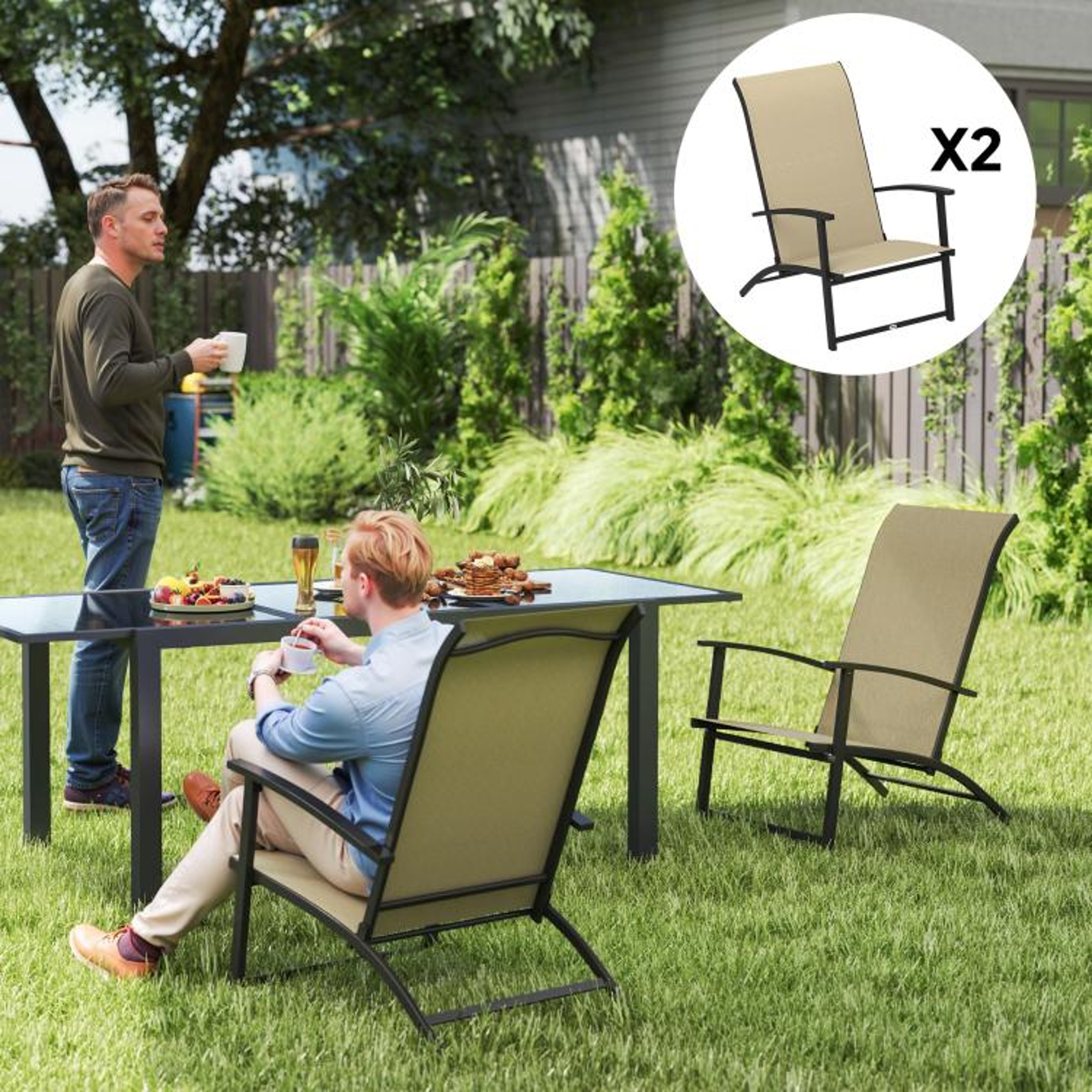 Set Of 2 Folding Patio Chairs With High Backs And Armrests  Beige 2
