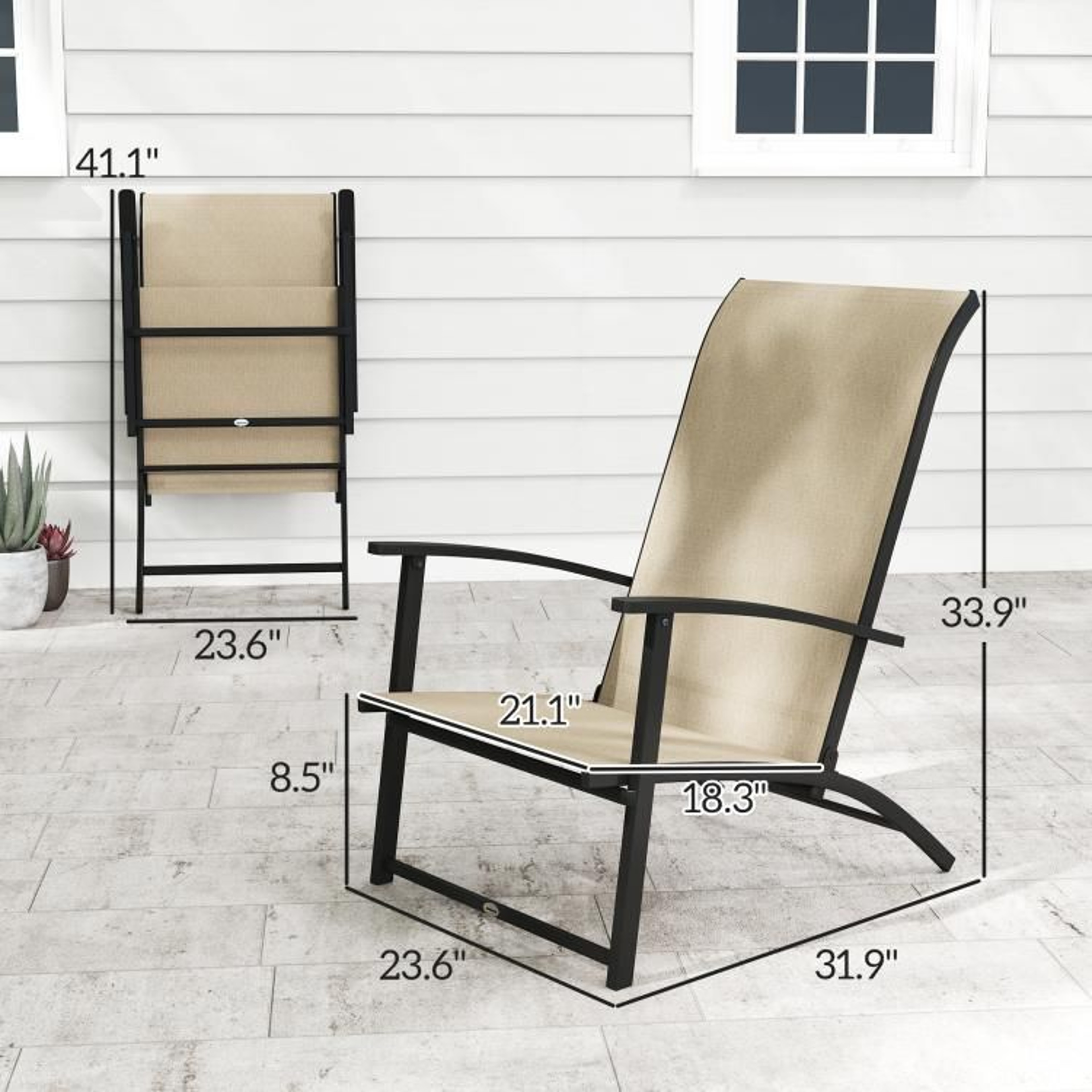 Set Of 2 Folding Patio Chairs With High Backs And Armrests  Beige 4