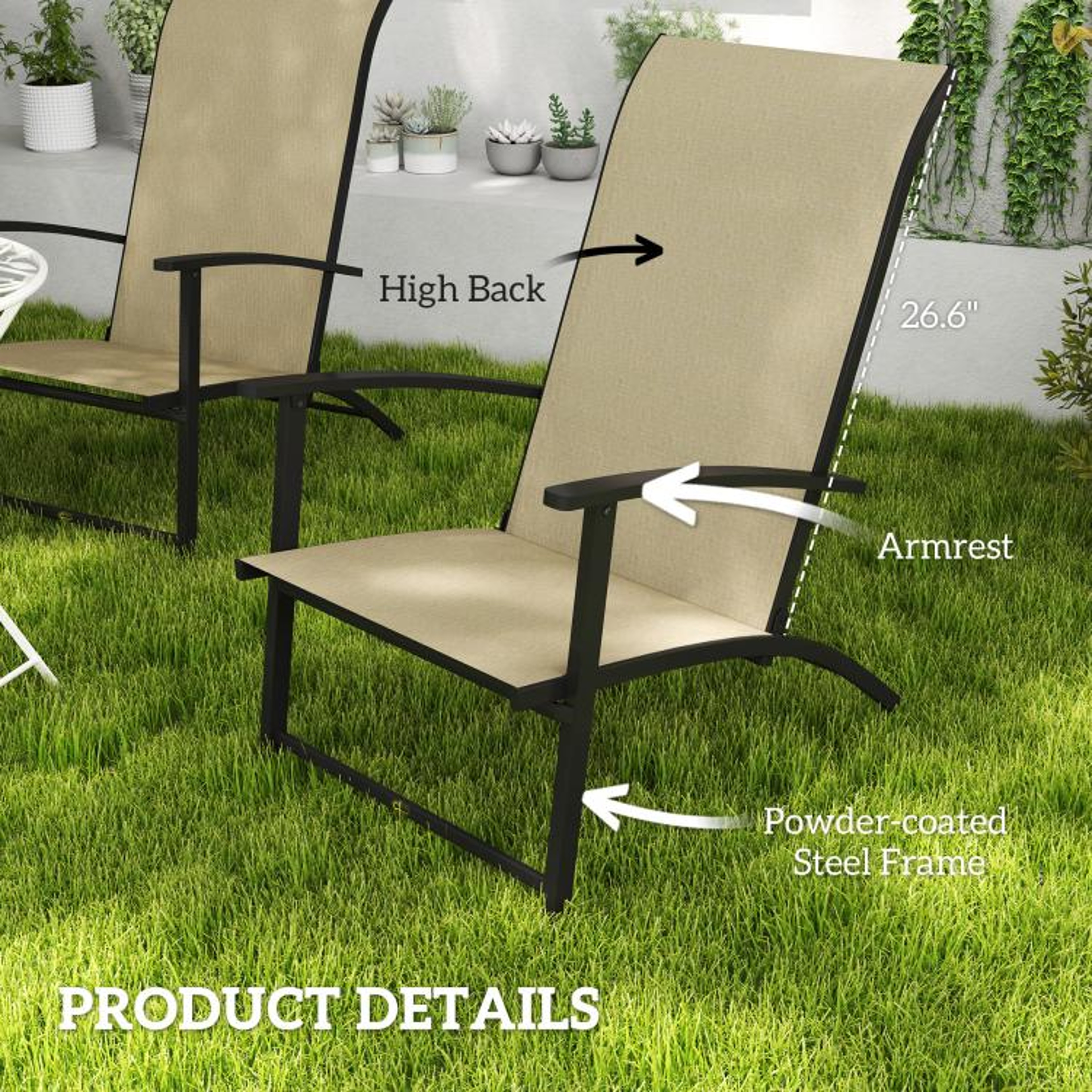 Set Of 2 Folding Patio Chairs With High Backs And Armrests  Beige 5