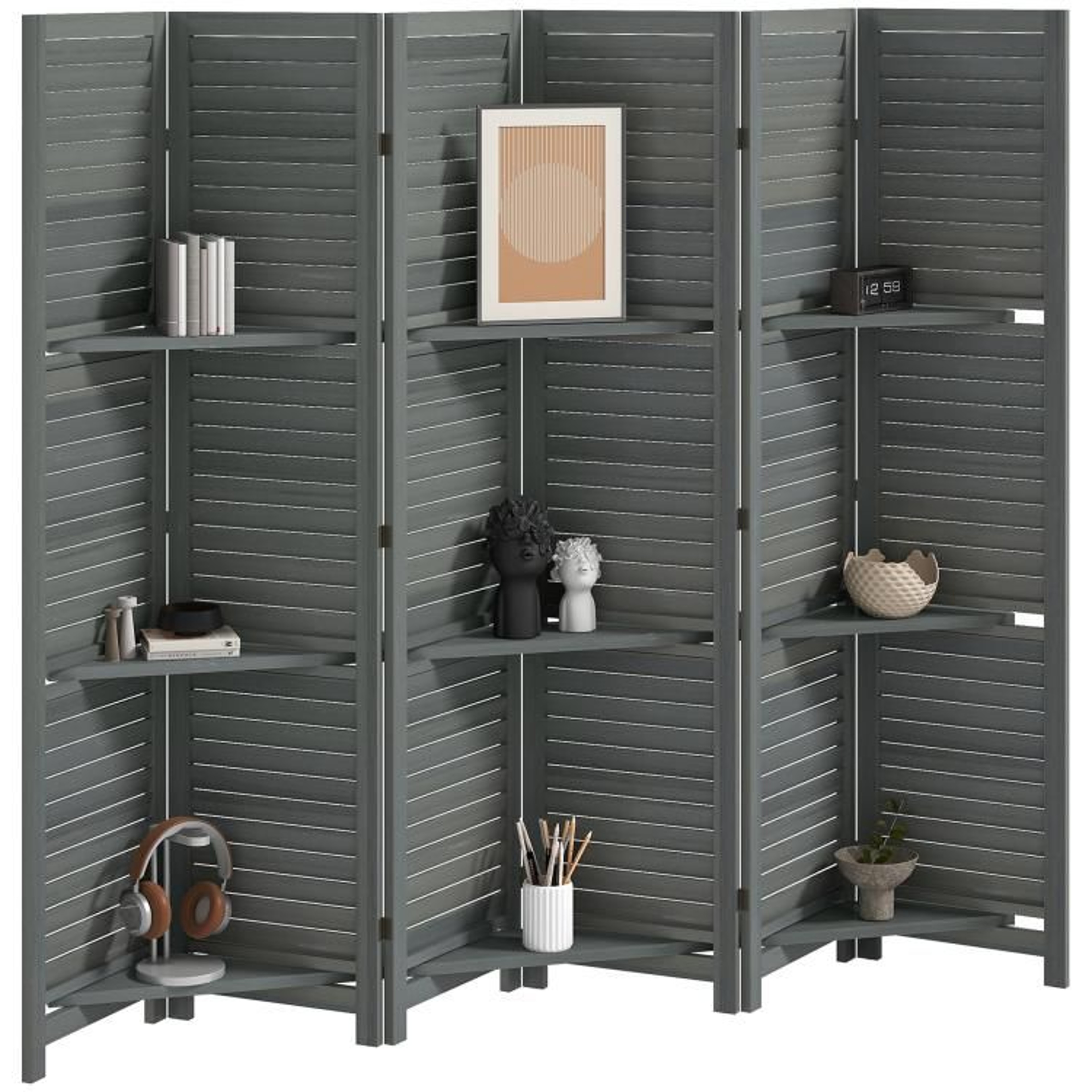 6Panel Wood Room Divider With 3 Removable Shelves  67Inch Gray Privacy Screen 0