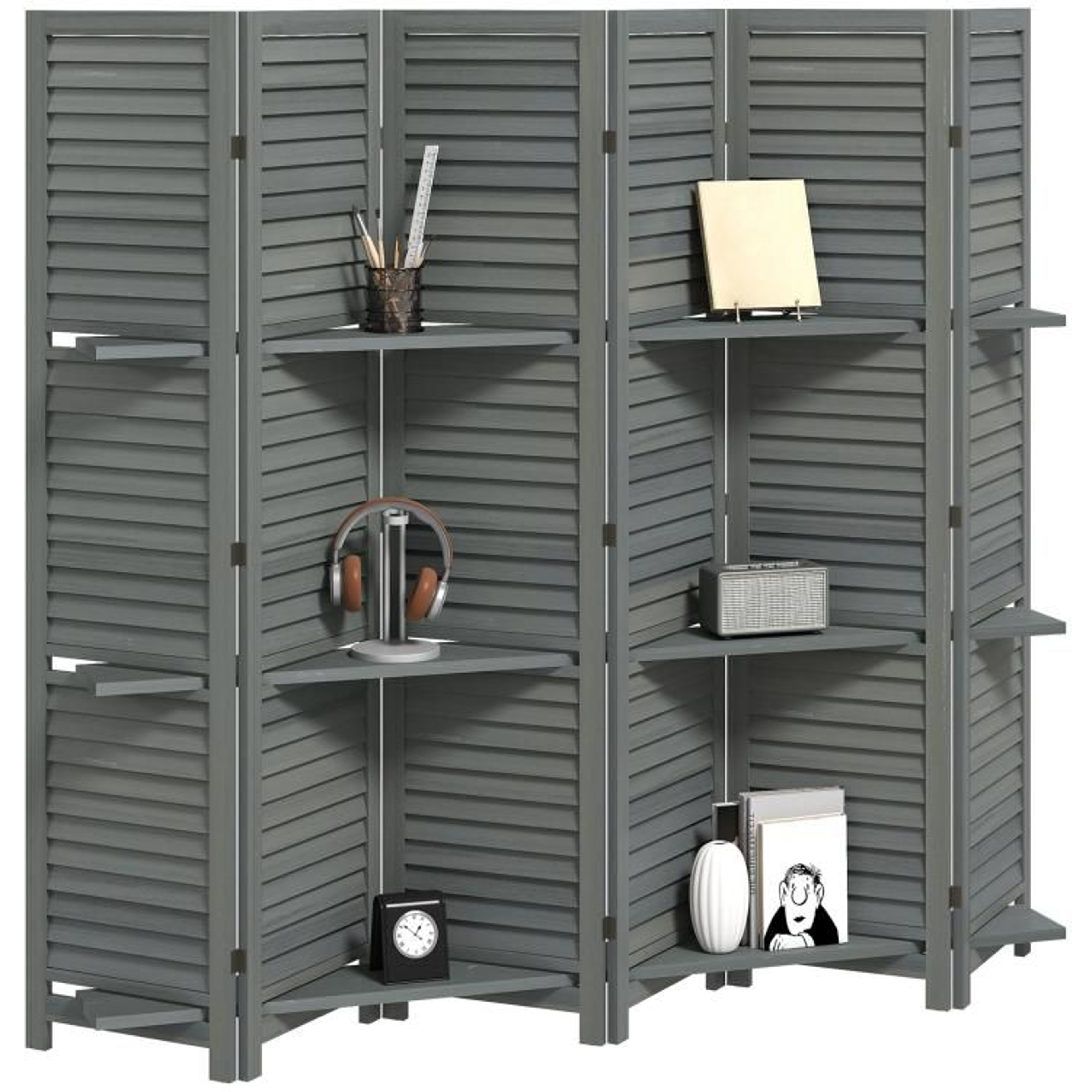 6Panel Wood Room Divider With 3 Removable Shelves  67Inch Gray Privacy Screen 1