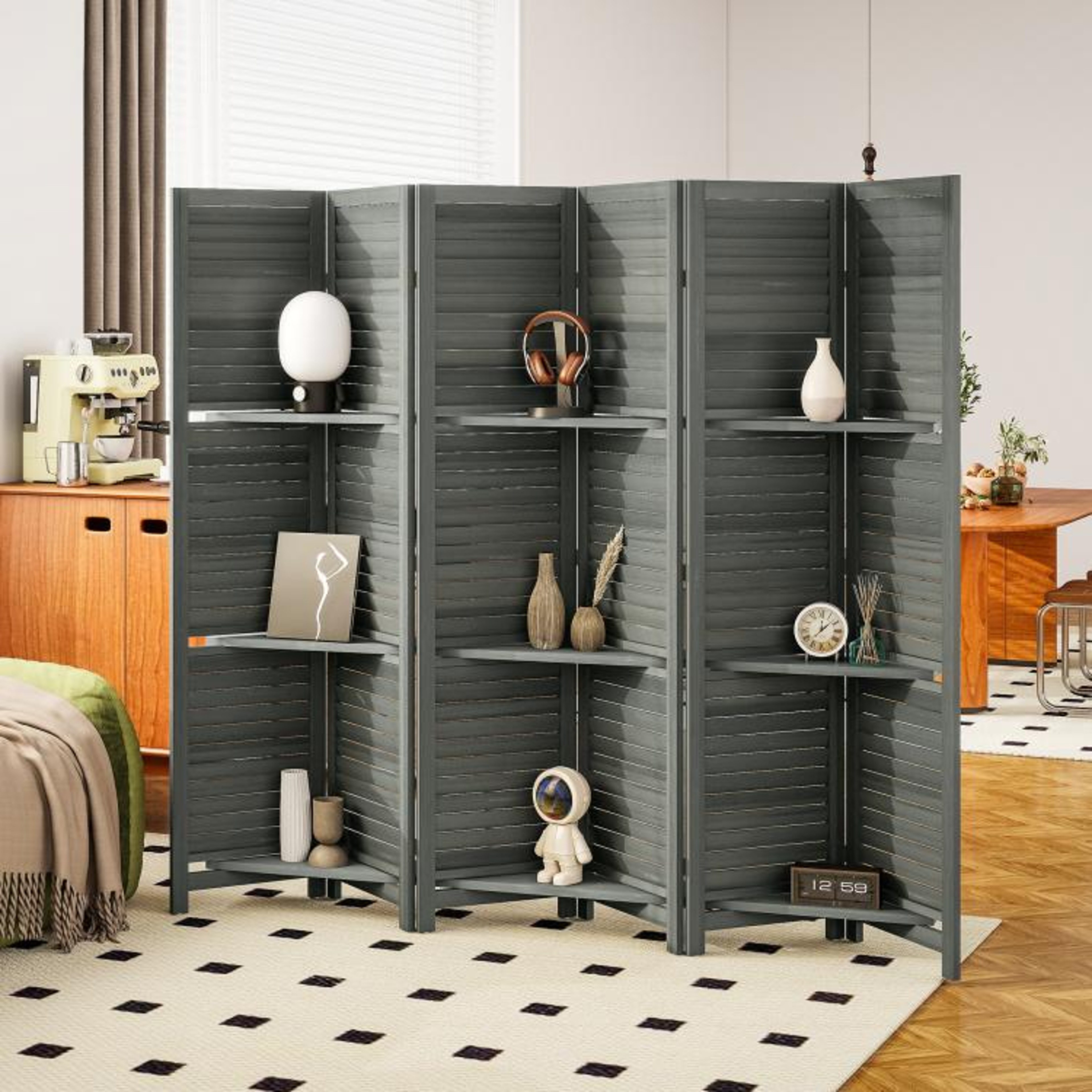 6Panel Wood Room Divider With 3 Removable Shelves  67Inch Gray Privacy Screen 3