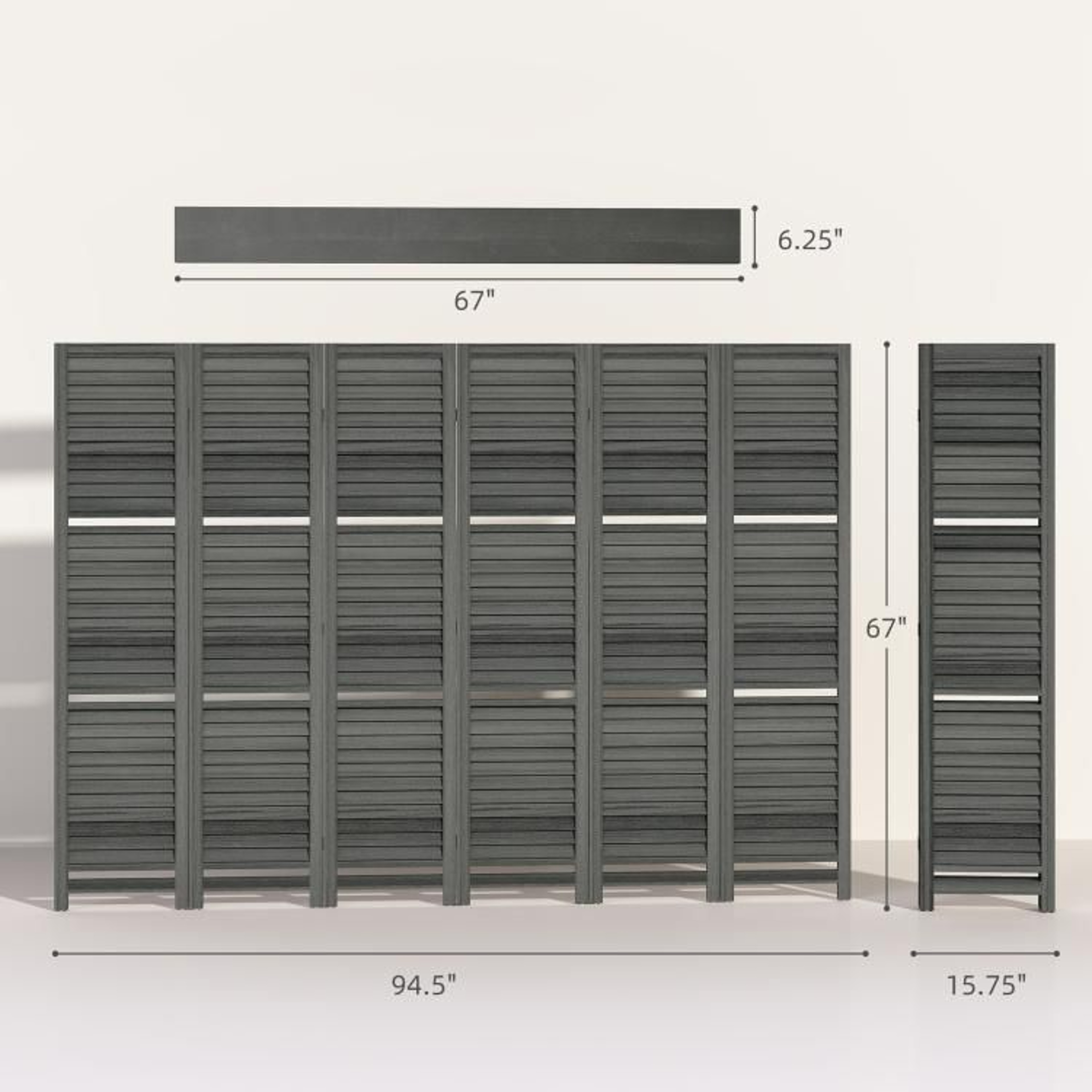 6Panel Wood Room Divider With 3 Removable Shelves  67Inch Gray Privacy Screen 5