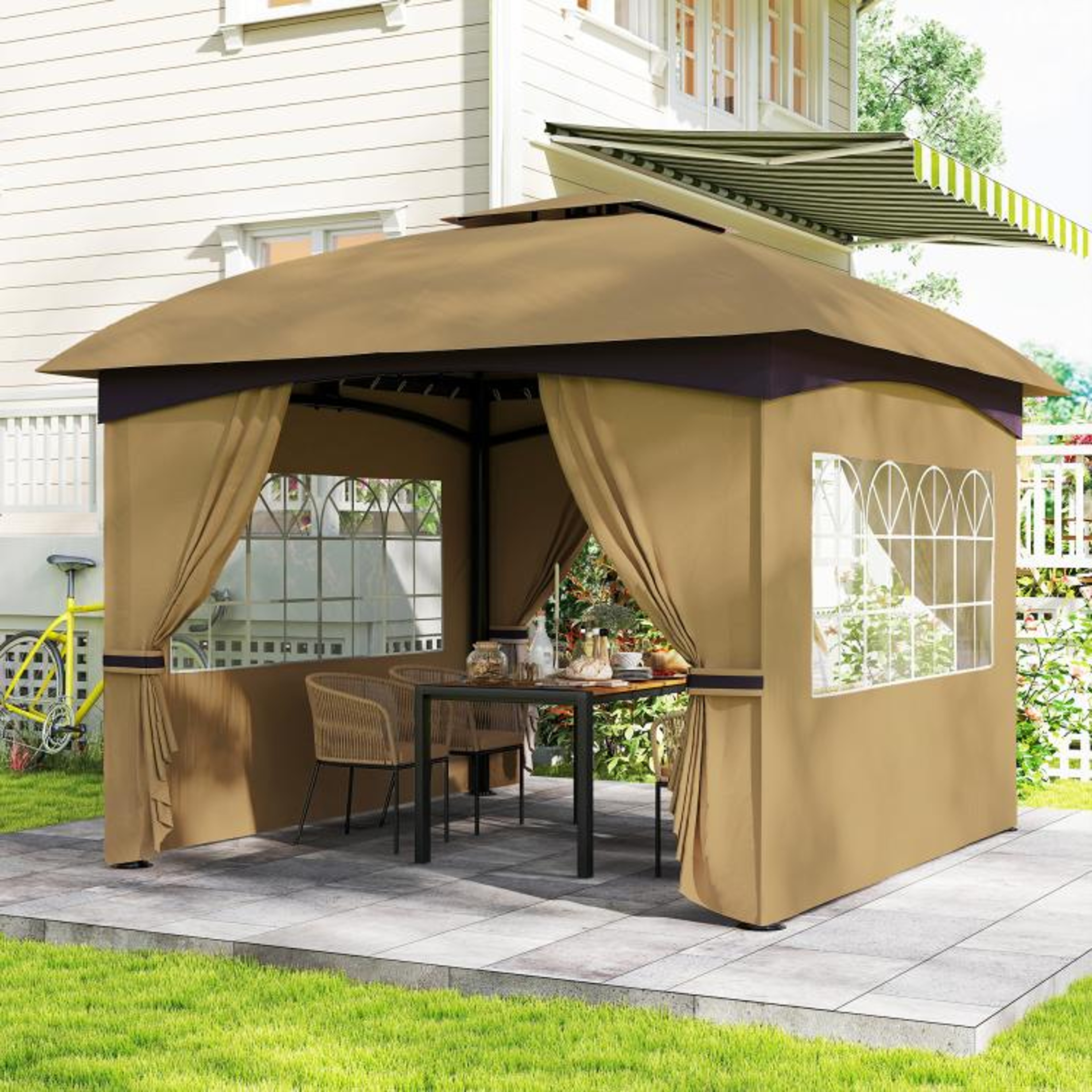 11 X 11 Ft Outdoor Patio Gazebo With Double Roof And Curtains  Beige 3
