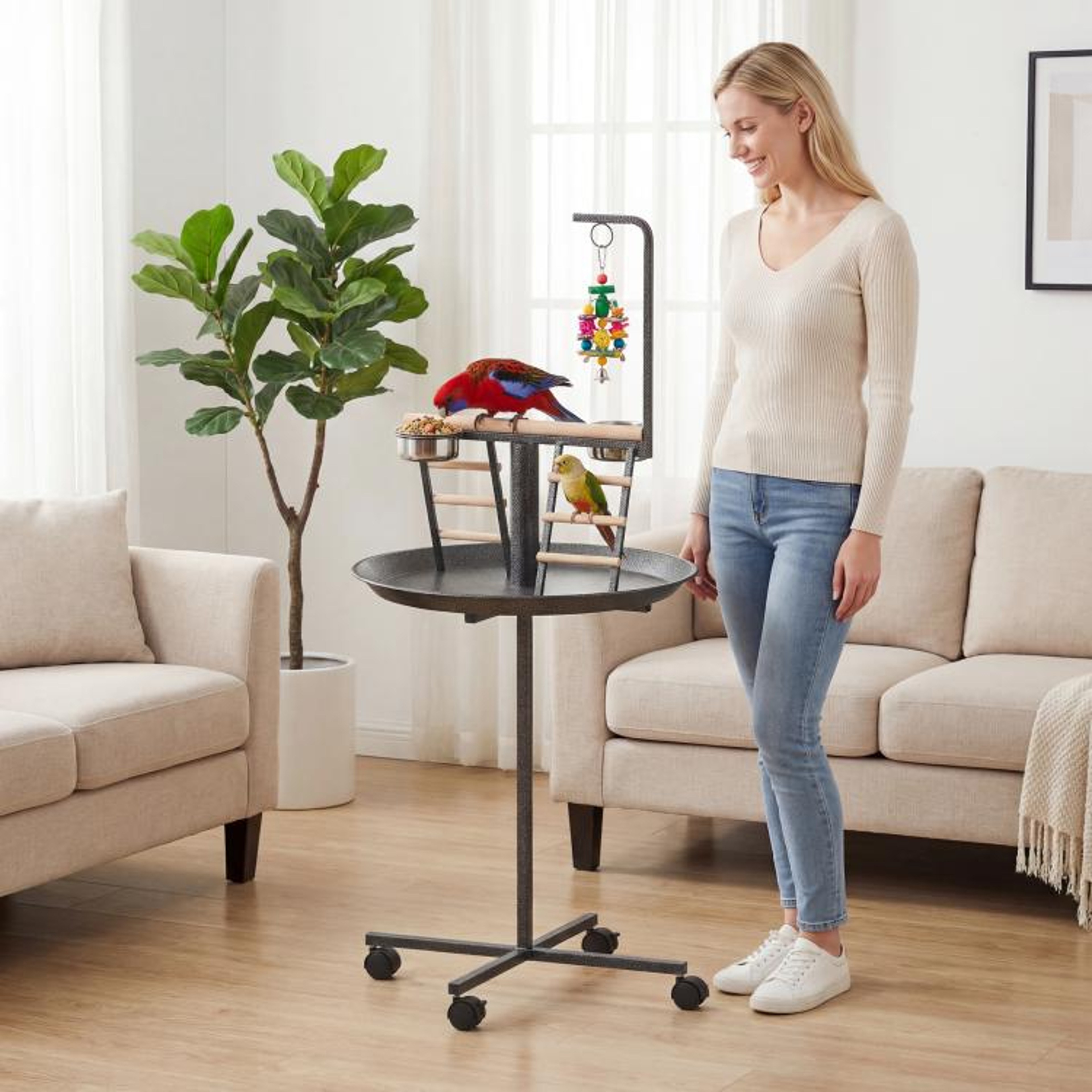 Parrot Play Stand With Wheels Feeding Bowls And Round Tray  Dark Gray 1