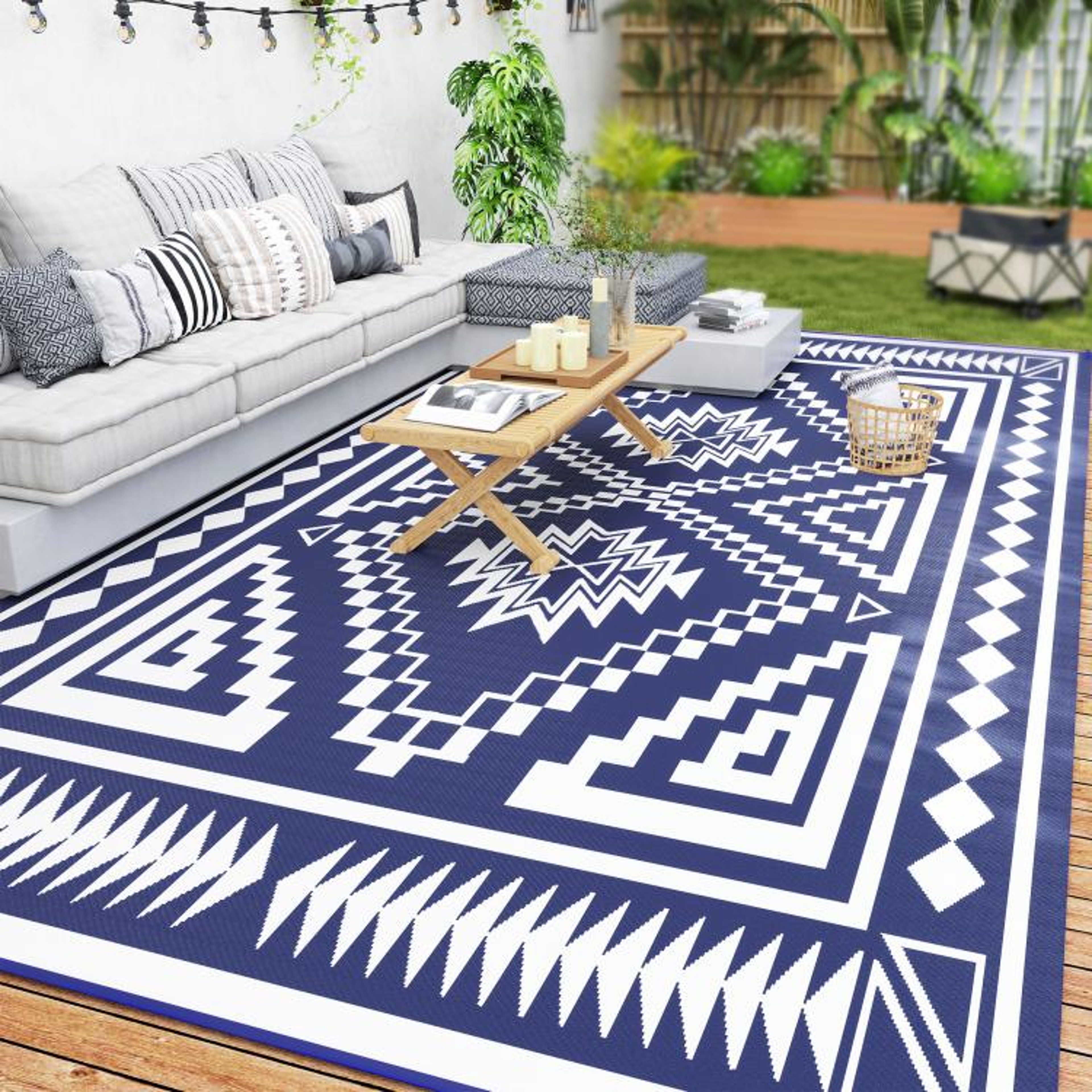 Reversible Outdoor Rug 9 X 18 Waterproof Blue And White Patchwork Patio Mat 0