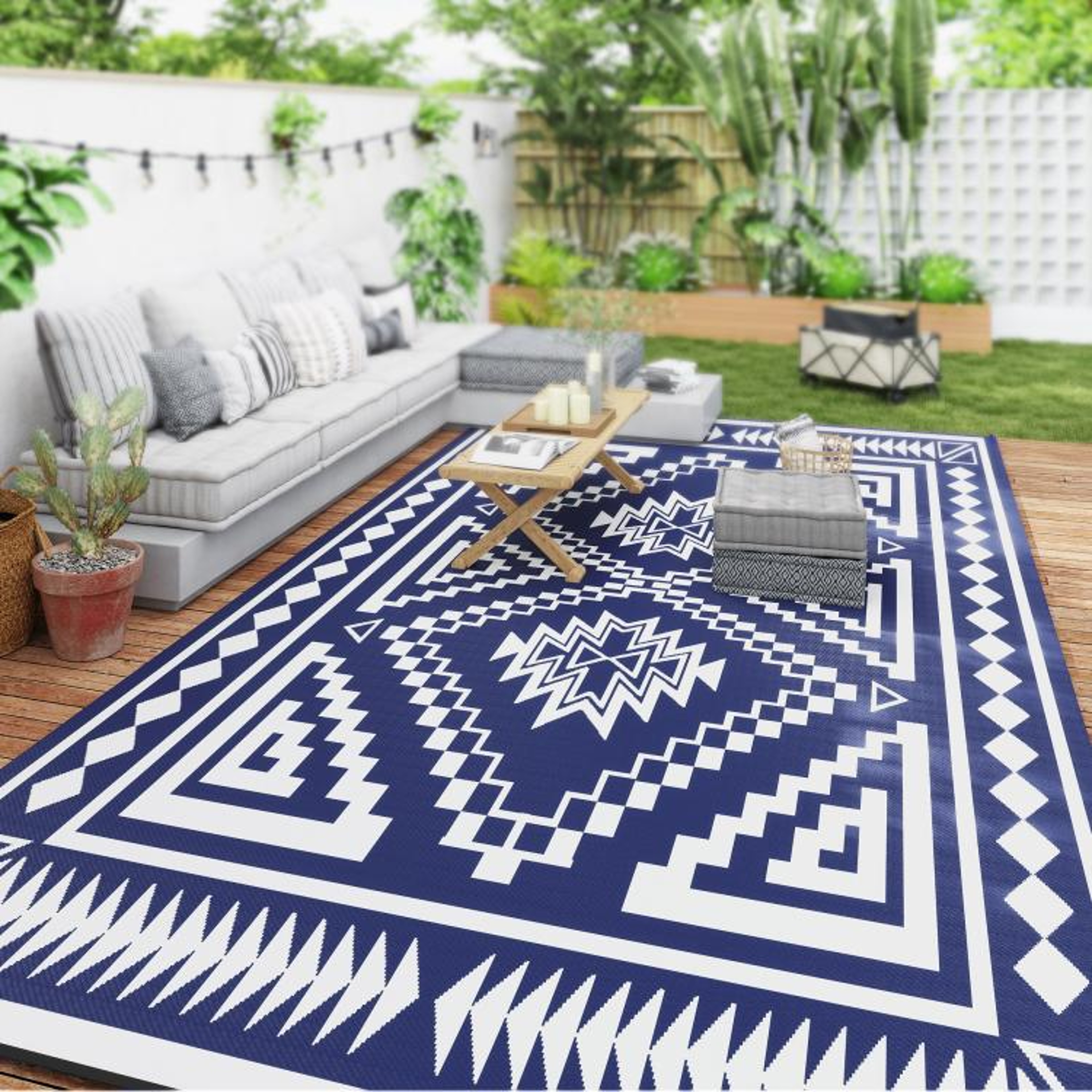 Reversible Outdoor Rug 9 X 18 Waterproof Blue And White Patchwork Patio Mat 3