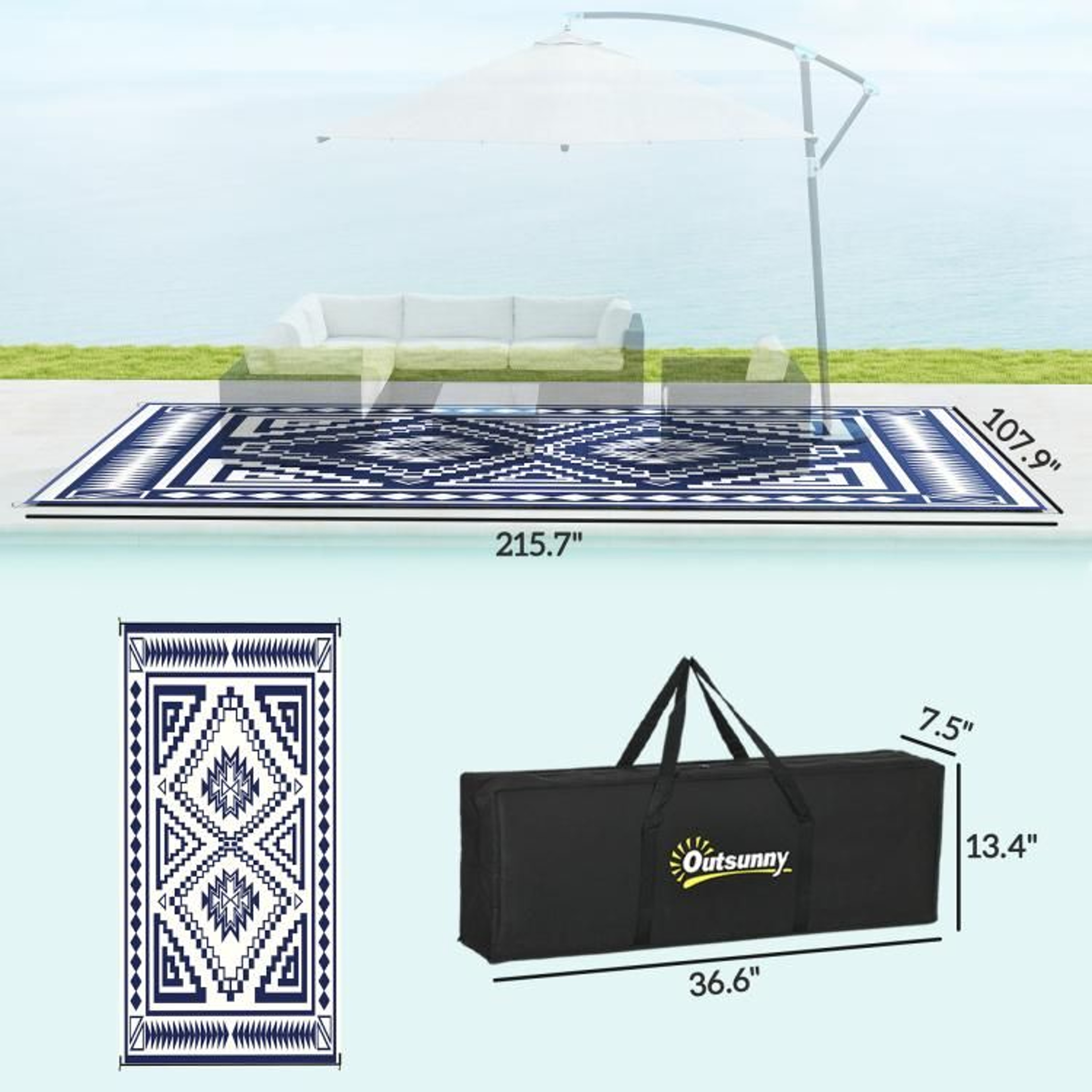 Reversible Outdoor Rug 9 X 18 Waterproof Blue And White Patchwork Patio Mat 4
