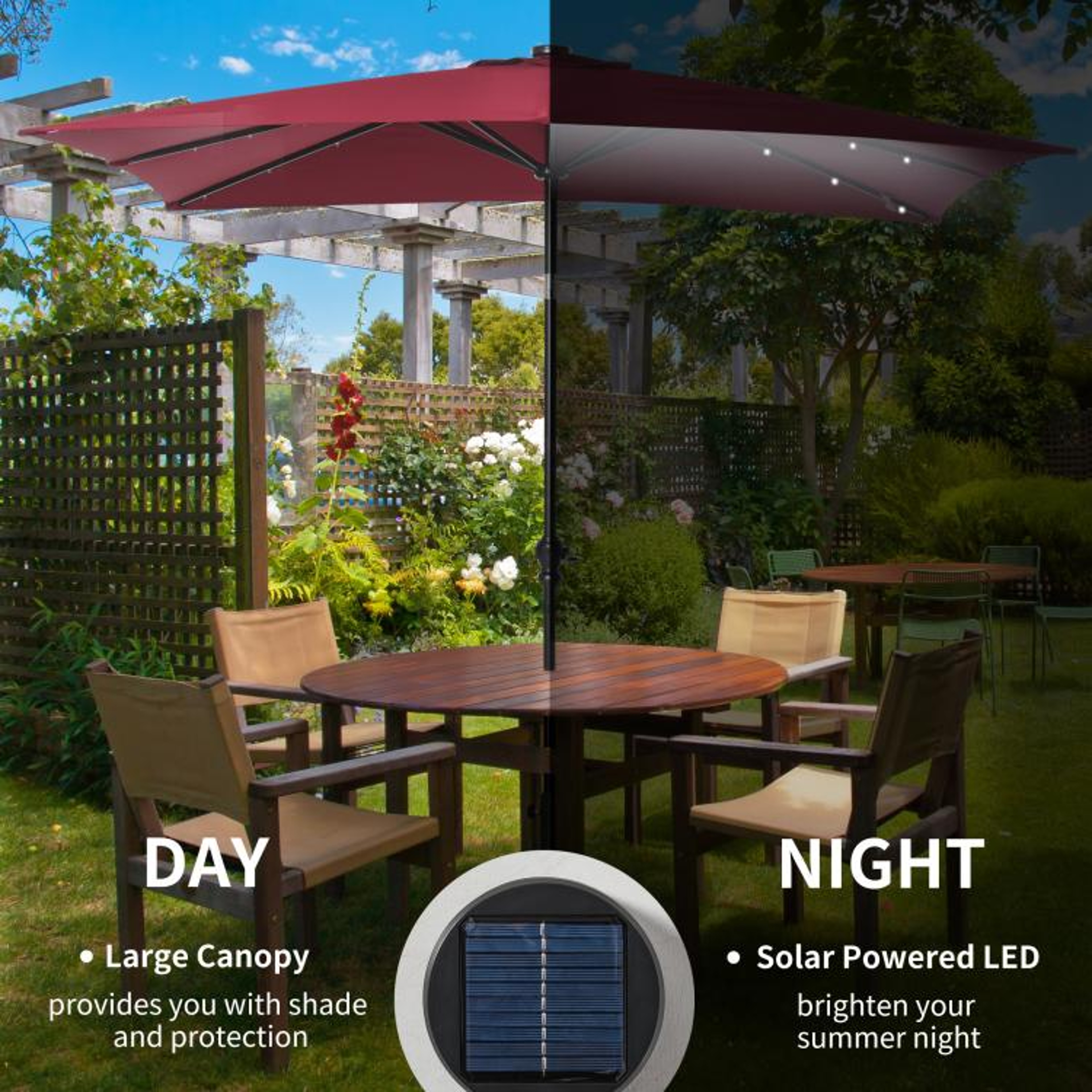 Solar LED Patio Umbrella With 45 Tilt And Hand Crank  Wine Red 5