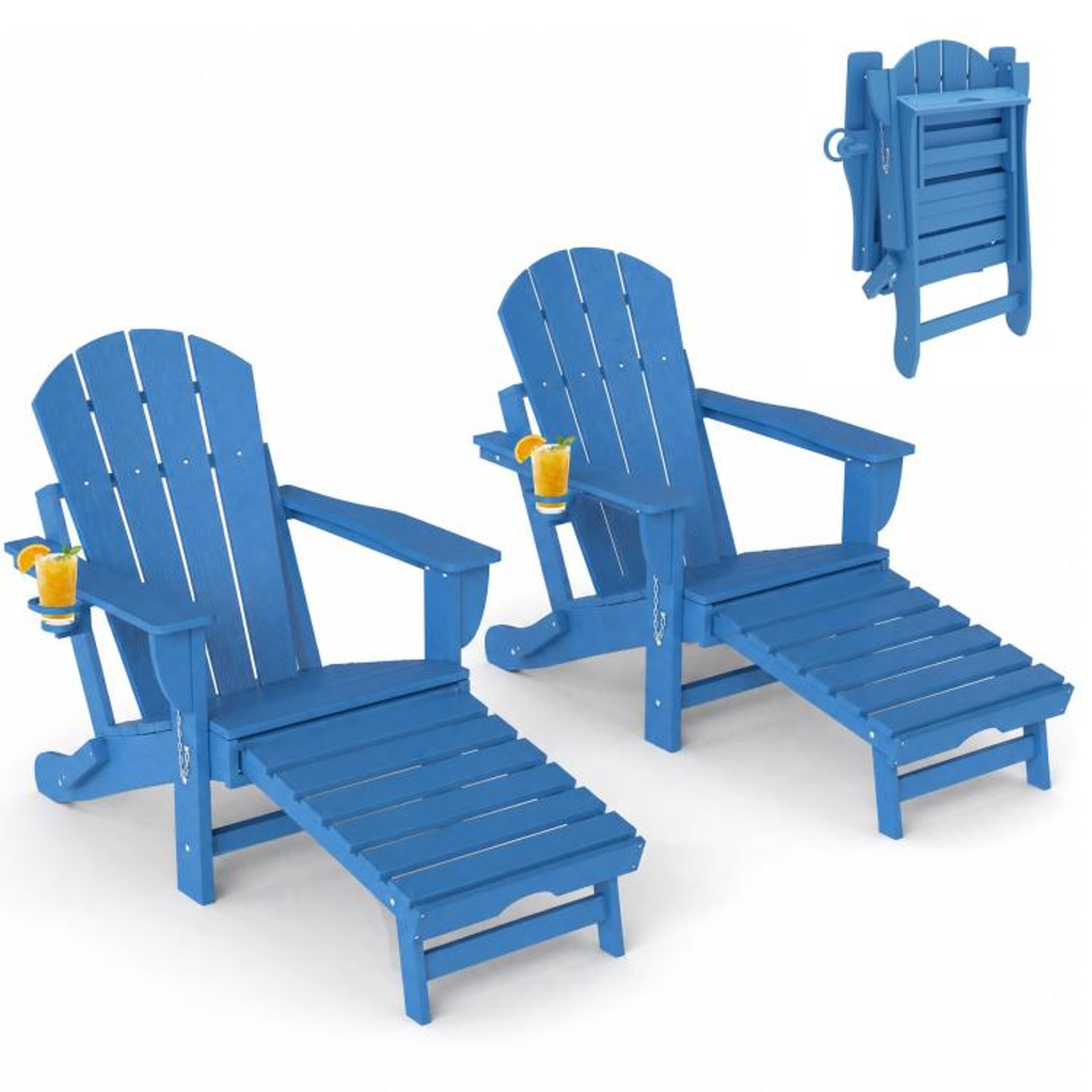 Folding Adirondack Chairs Set Of 2 With Retractable Ottomans And Cup Holders  Blue 0