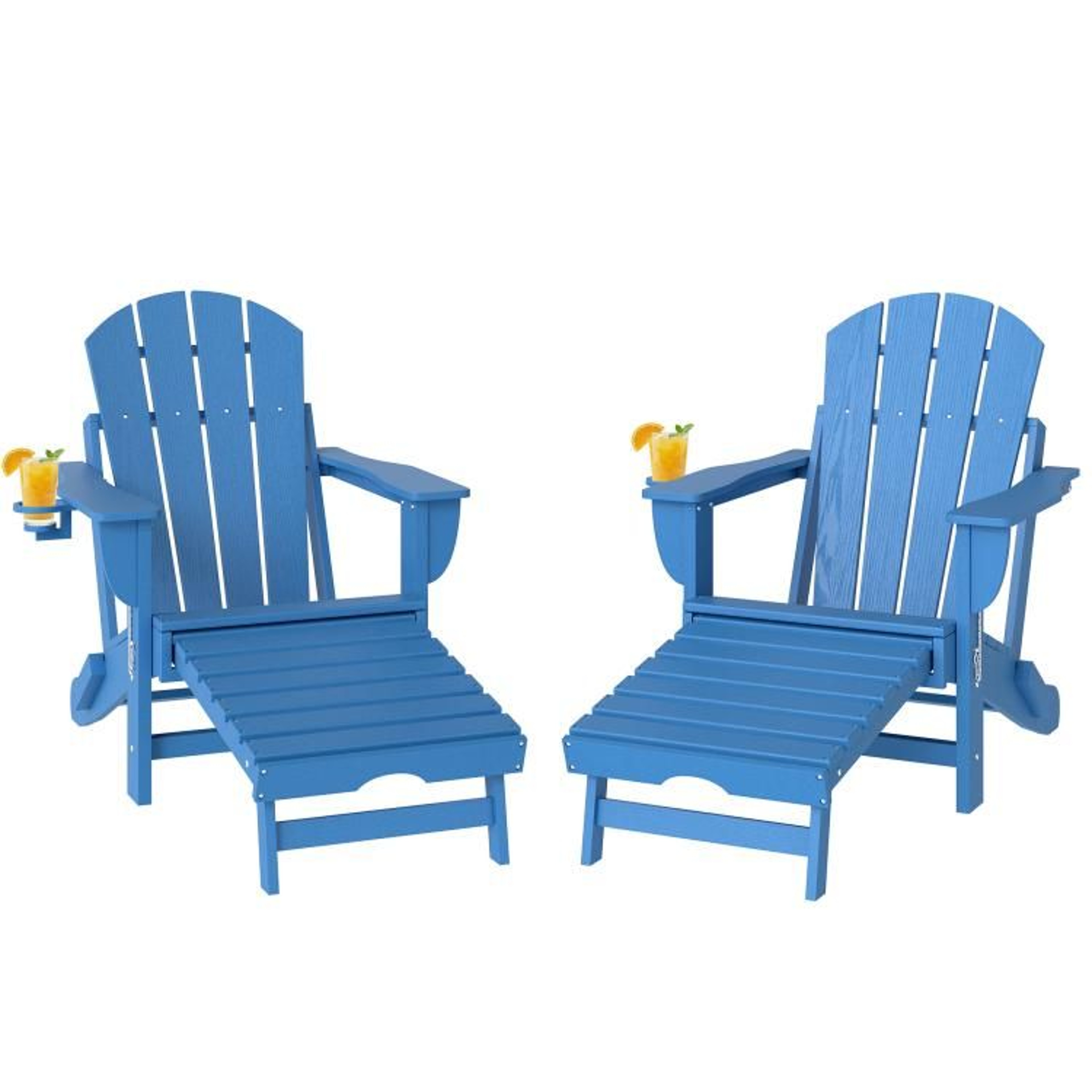 Folding Adirondack Chairs Set Of 2 With Retractable Ottomans And Cup Holders  Blue 1
