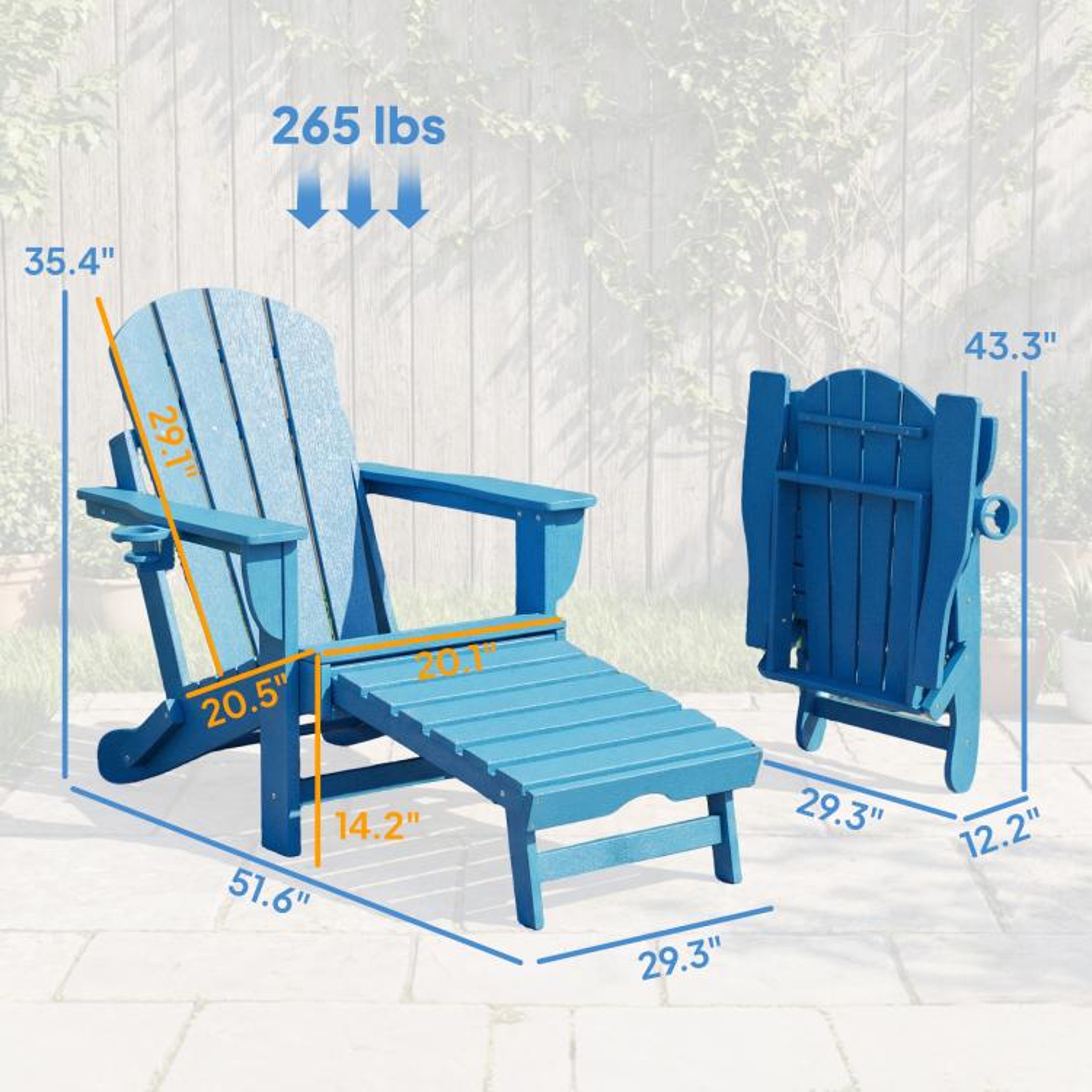 Folding Adirondack Chairs Set Of 2 With Retractable Ottomans And Cup Holders  Blue 4