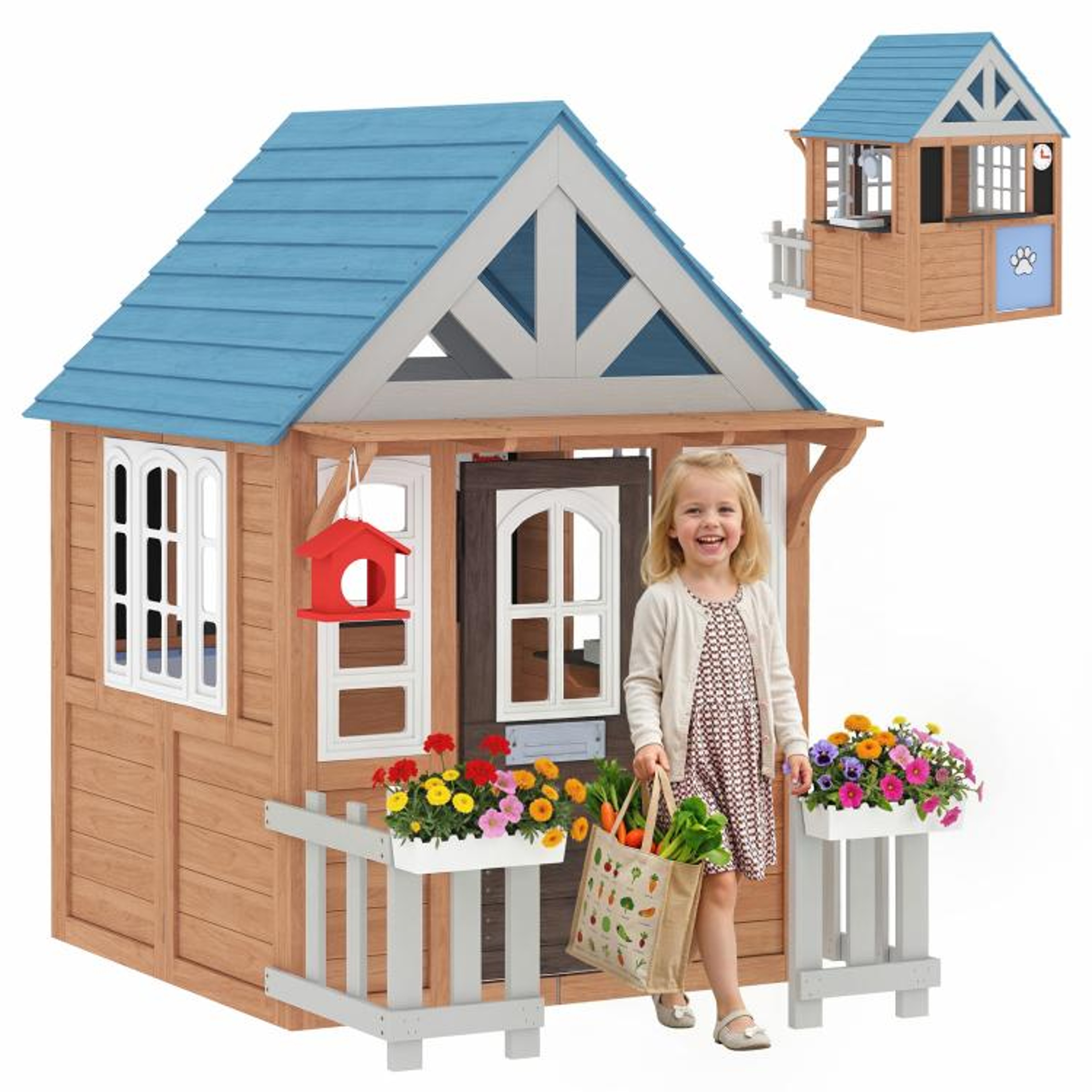 Wooden Kids Playhouse With Play Kitchen Pet Door And Garden Features 0