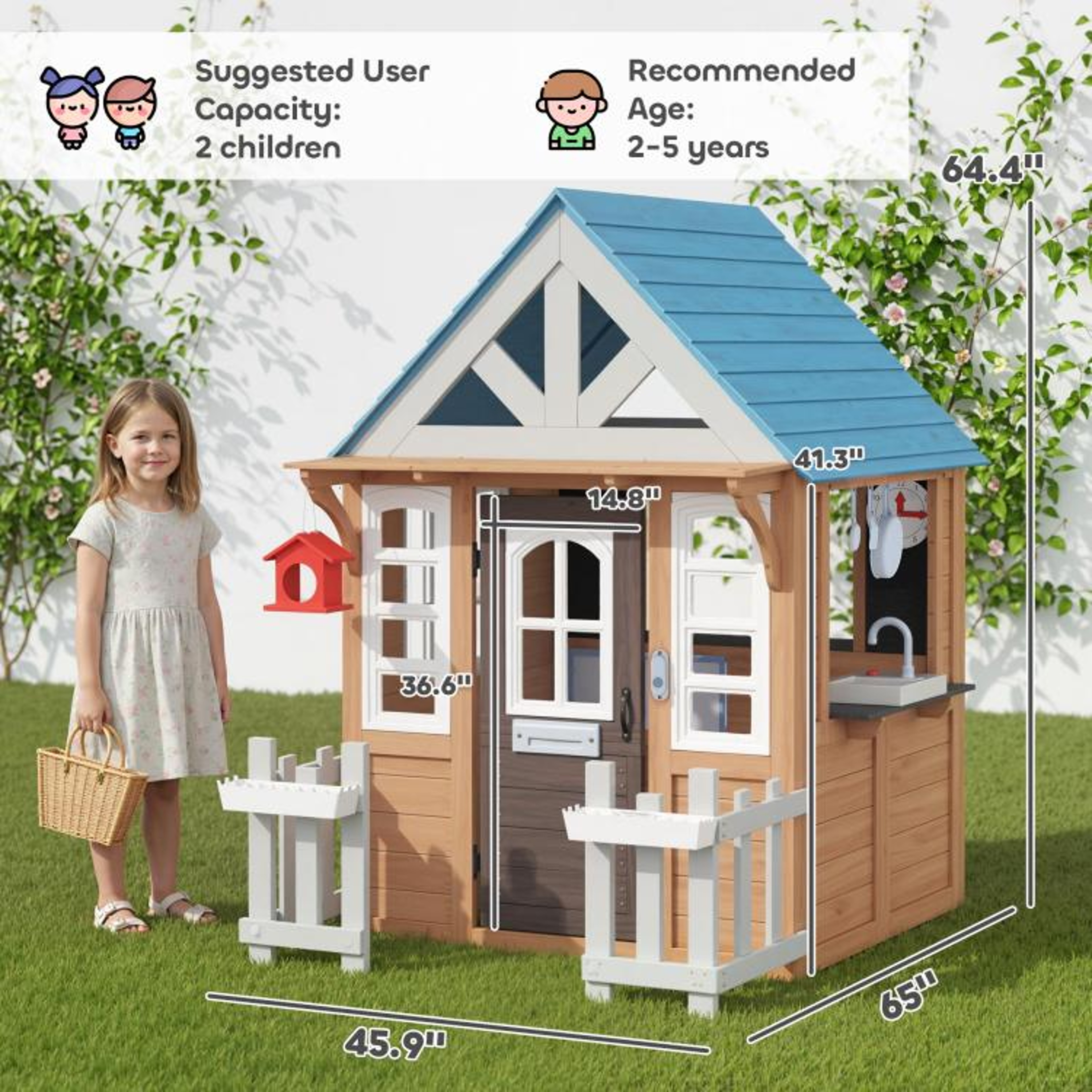 Wooden Kids Playhouse With Play Kitchen Pet Door And Garden Features 3