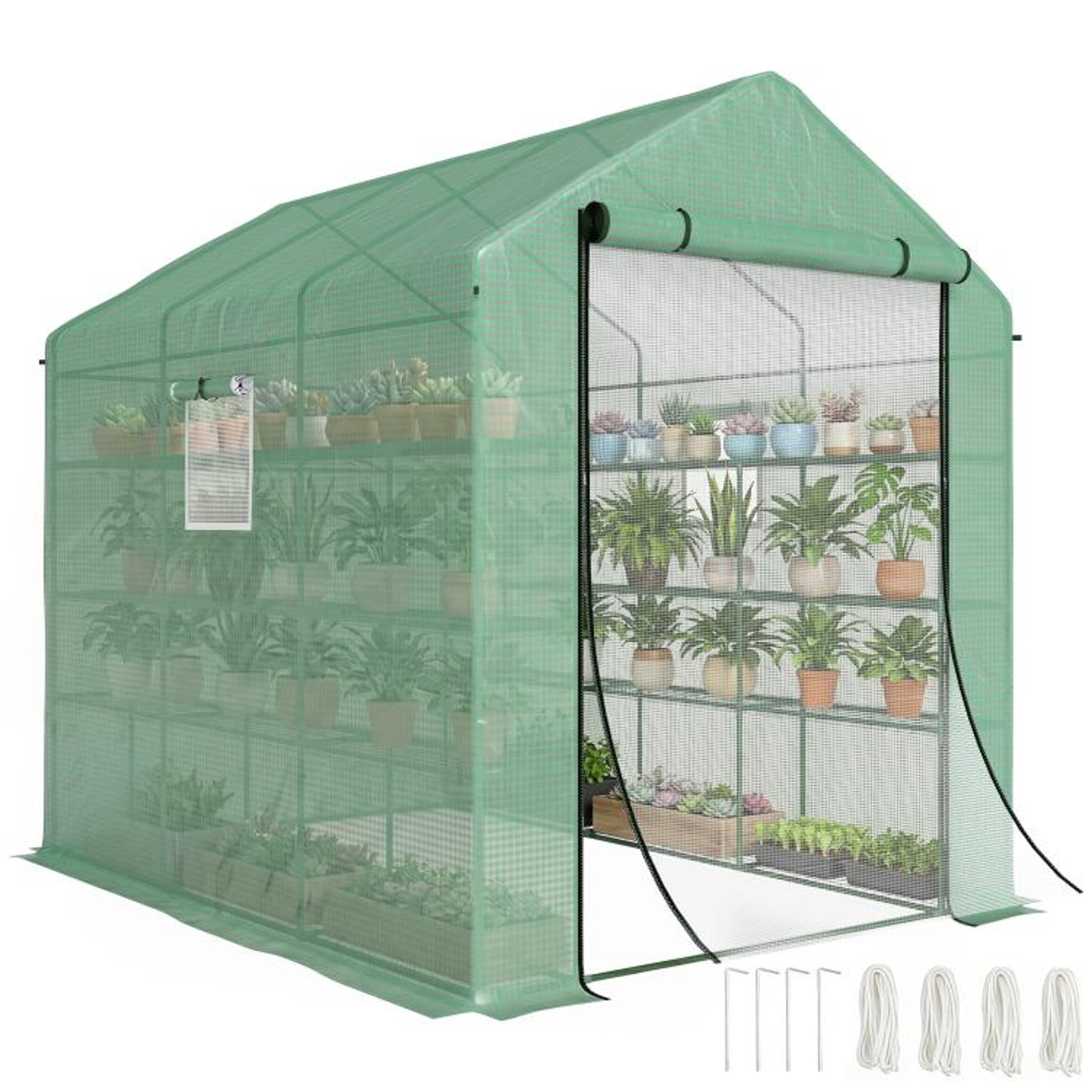WalkIn Greenhouse With Shelves Mesh Door And Windows Green 0