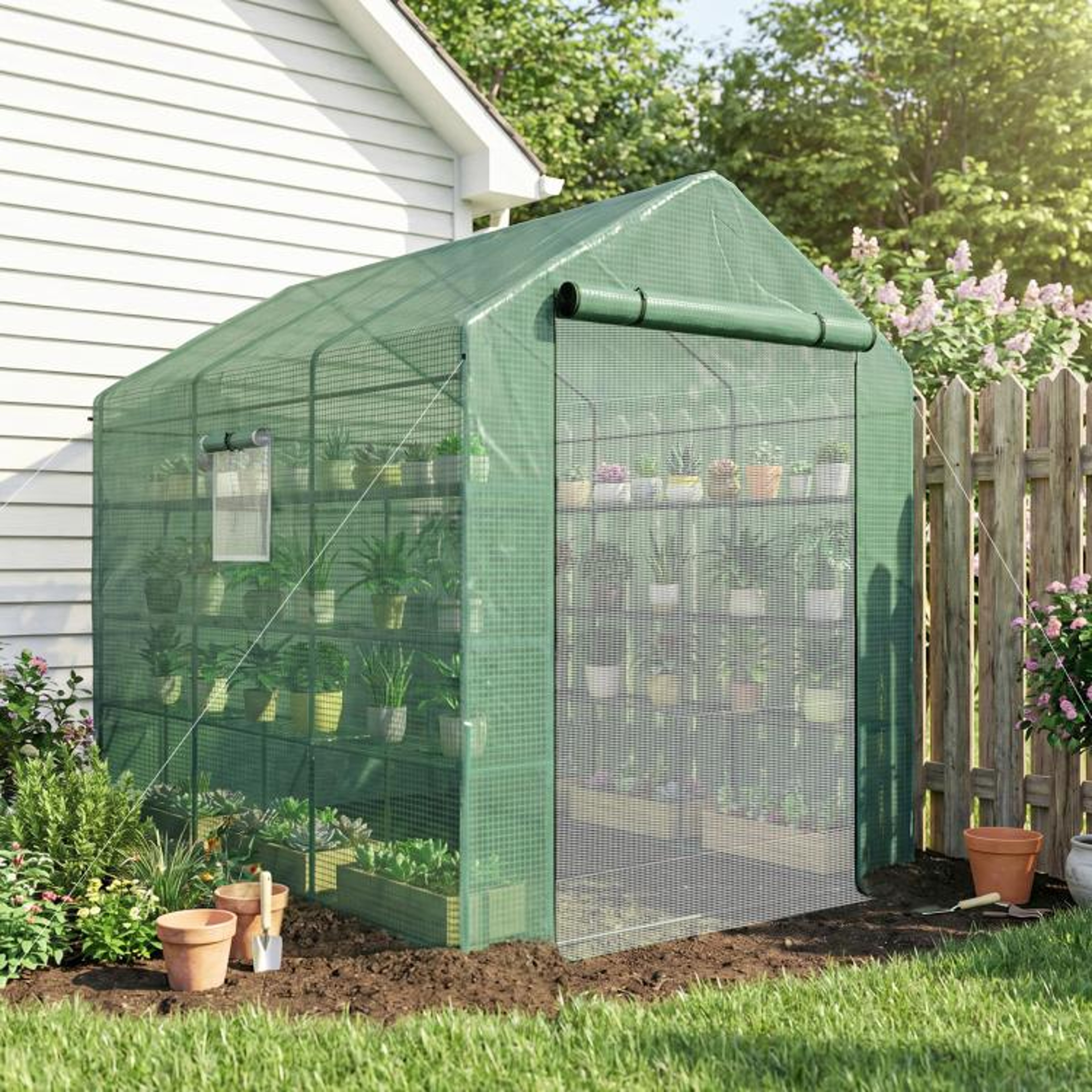 WalkIn Greenhouse With Shelves Mesh Door And Windows Green 3