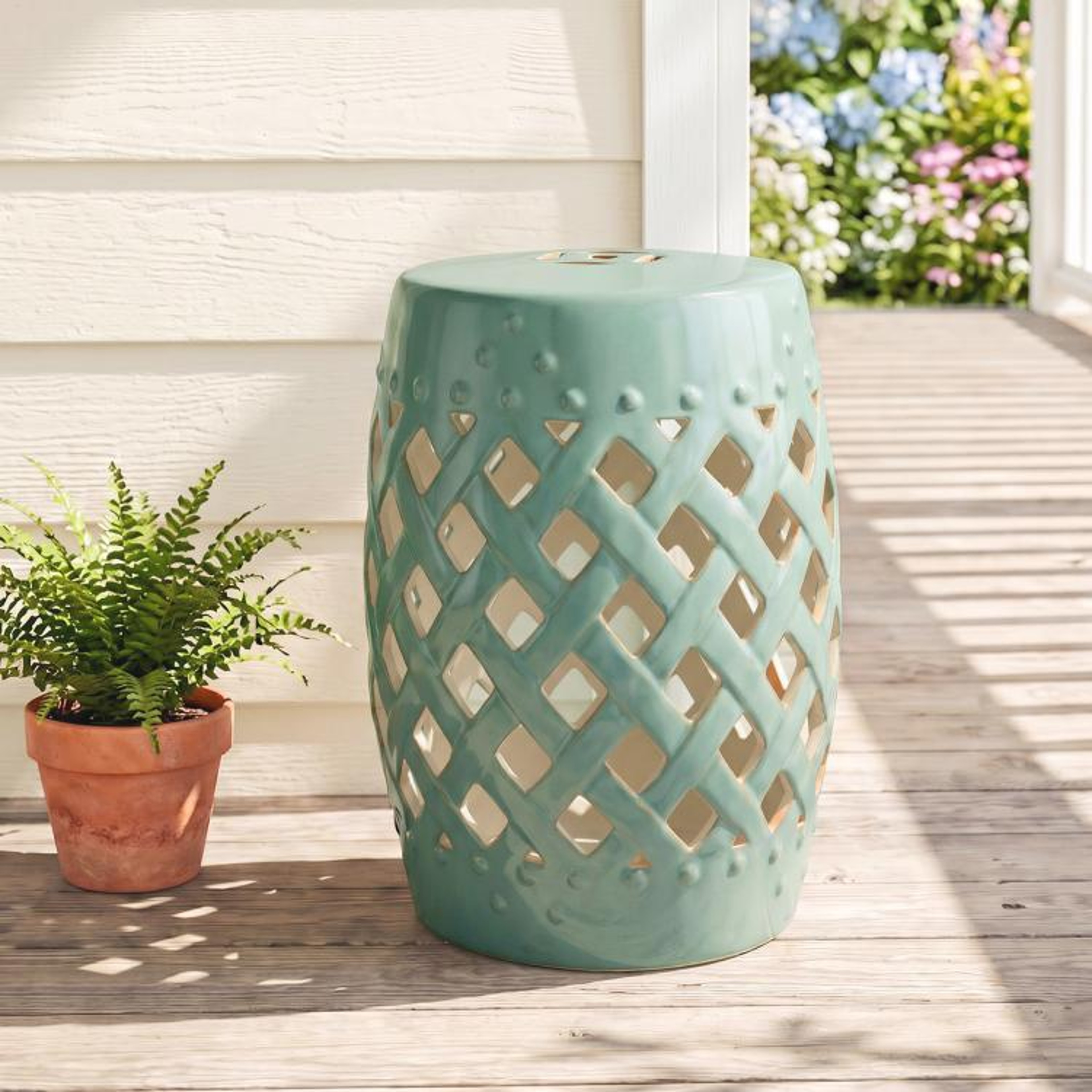 Green Ceramic Garden Stool With Woven Lattice Design 18 Inch 2