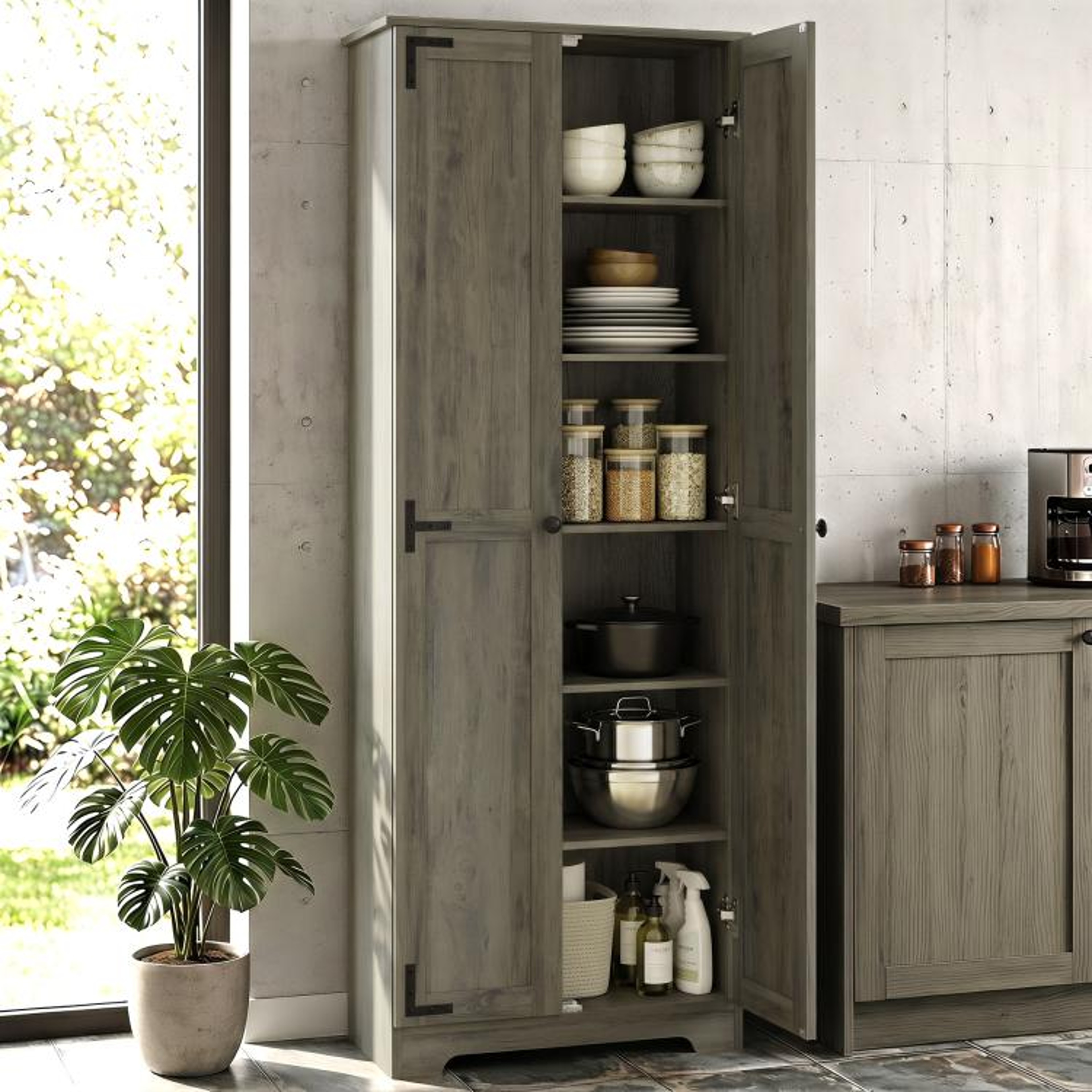 67Inch Farmhouse Pantry Cabinet With Adjustable Shelves In Distressed Gray 2