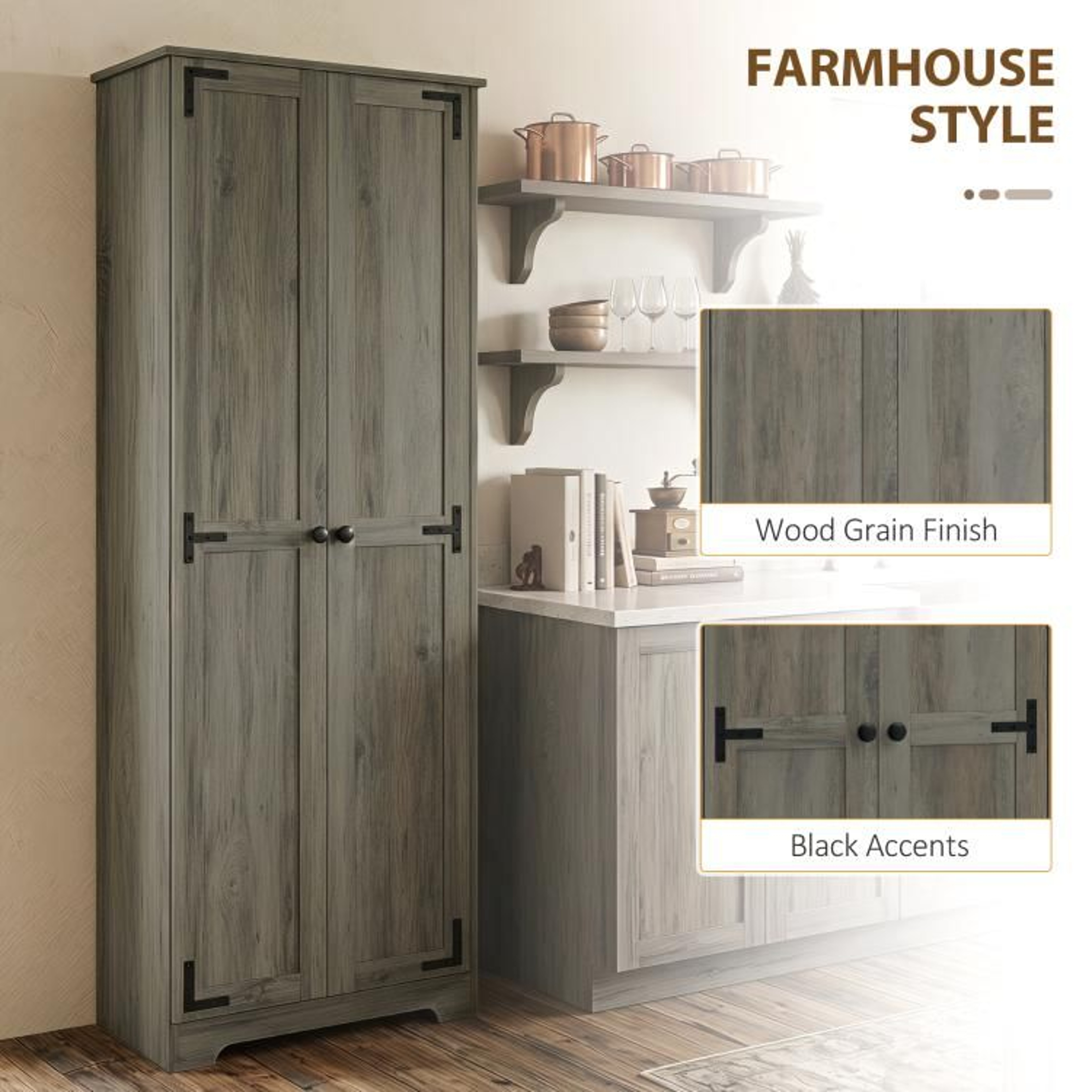 67Inch Farmhouse Pantry Cabinet With Adjustable Shelves In Distressed Gray 5