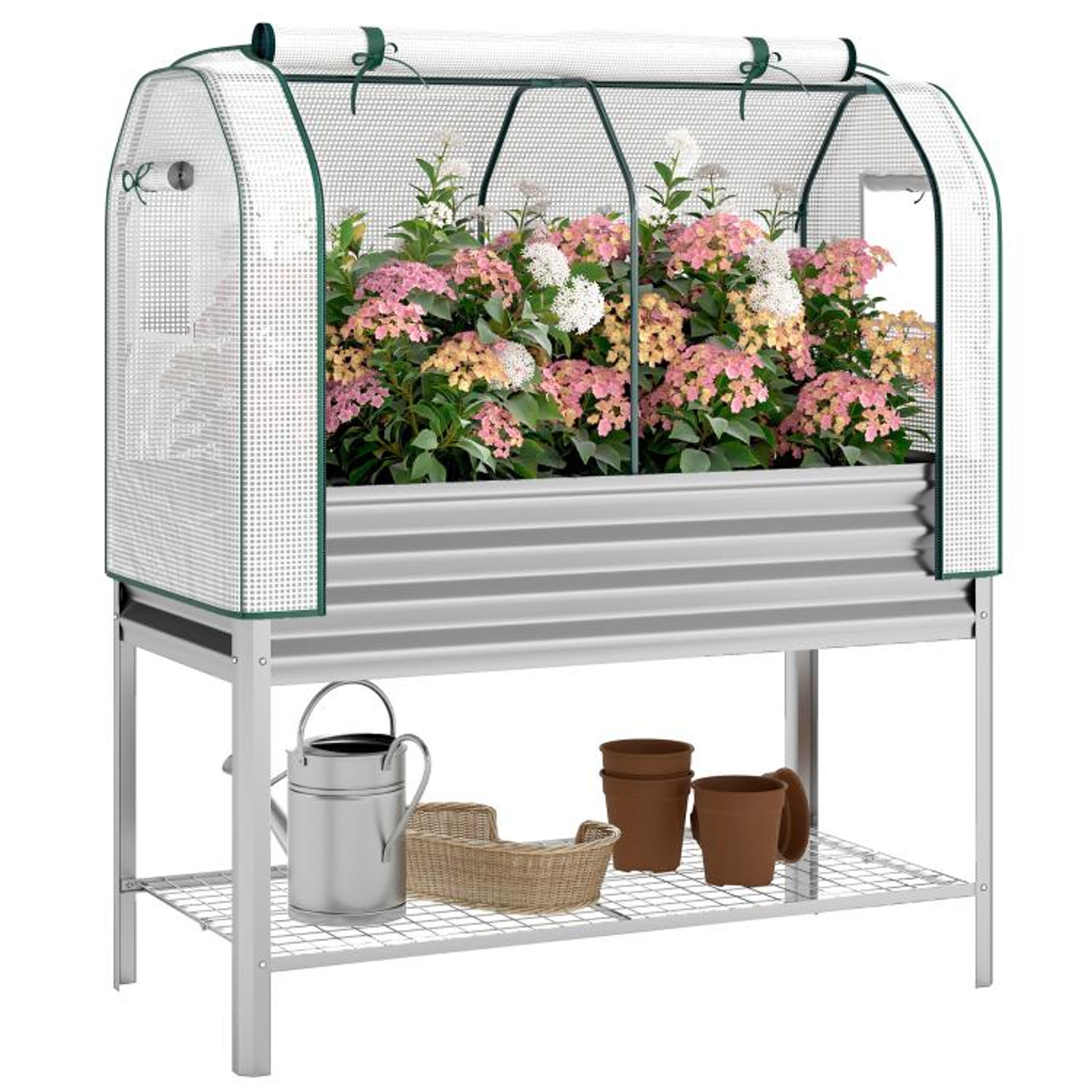 Elevated Galvanized Raised Garden Bed With Greenhouse Cover And Storage Shelf 0