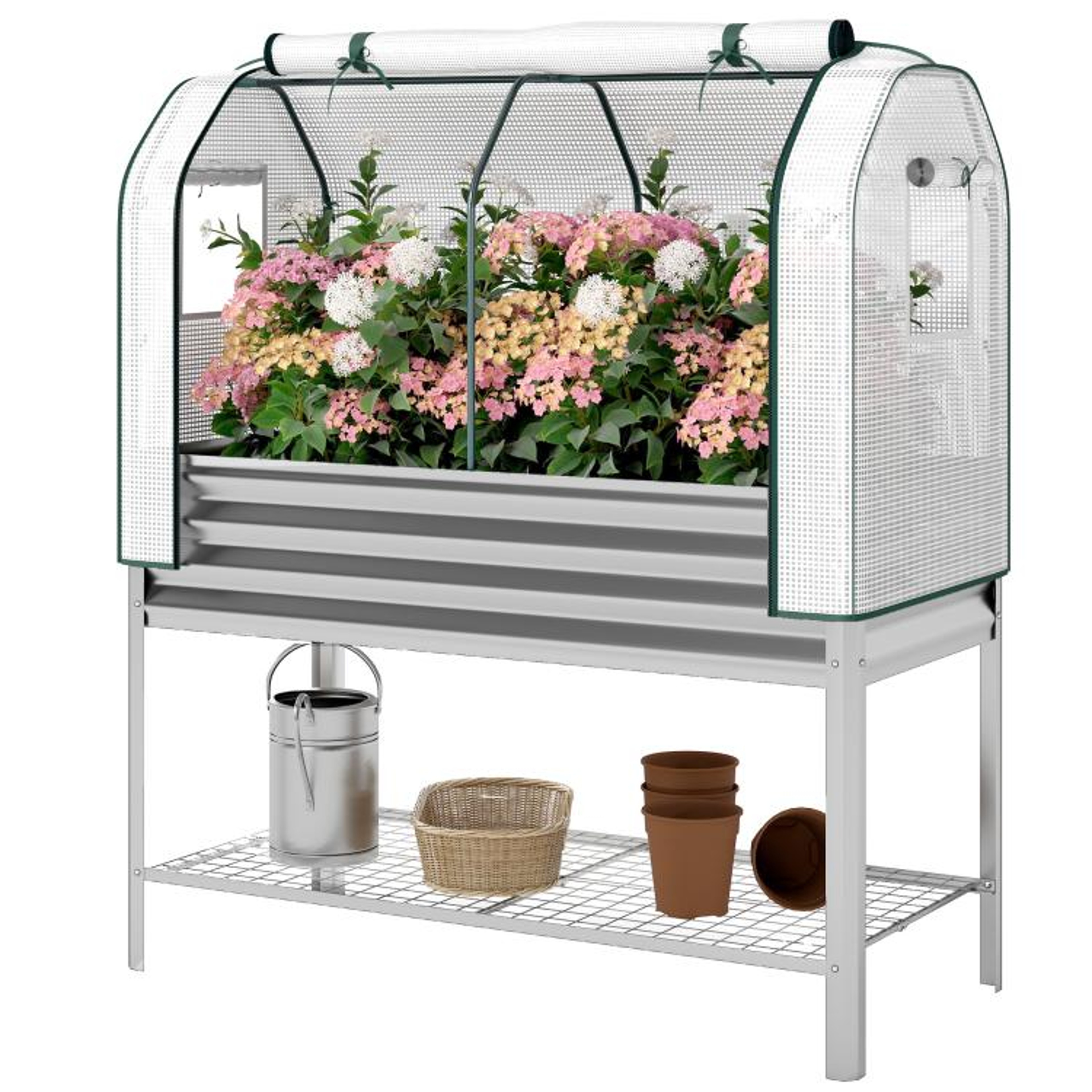 Elevated Galvanized Raised Garden Bed With Greenhouse Cover And Storage Shelf 1