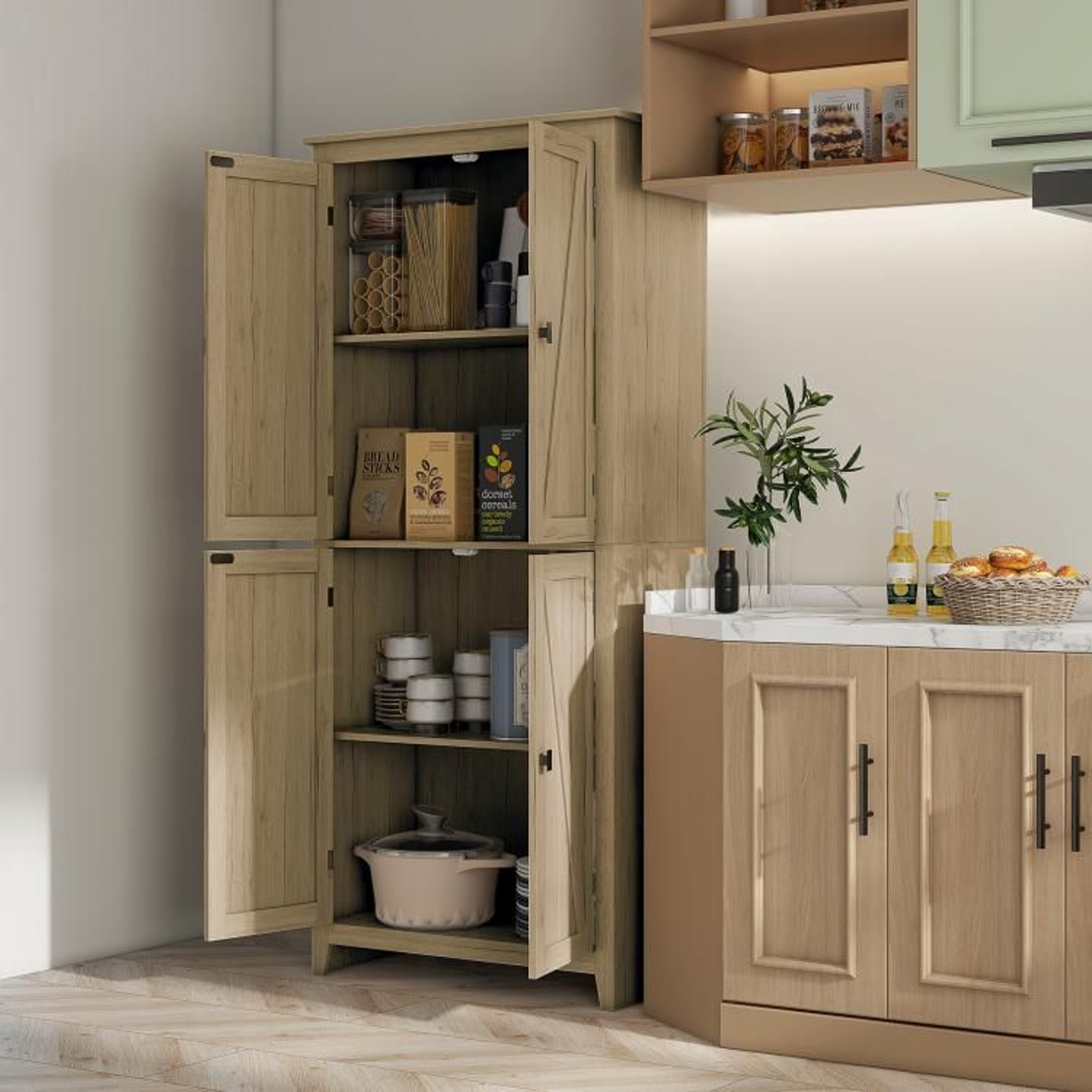72Inch Farmhouse Kitchen Pantry Cabinet With 4 Doors And Adjustable Shelves 2