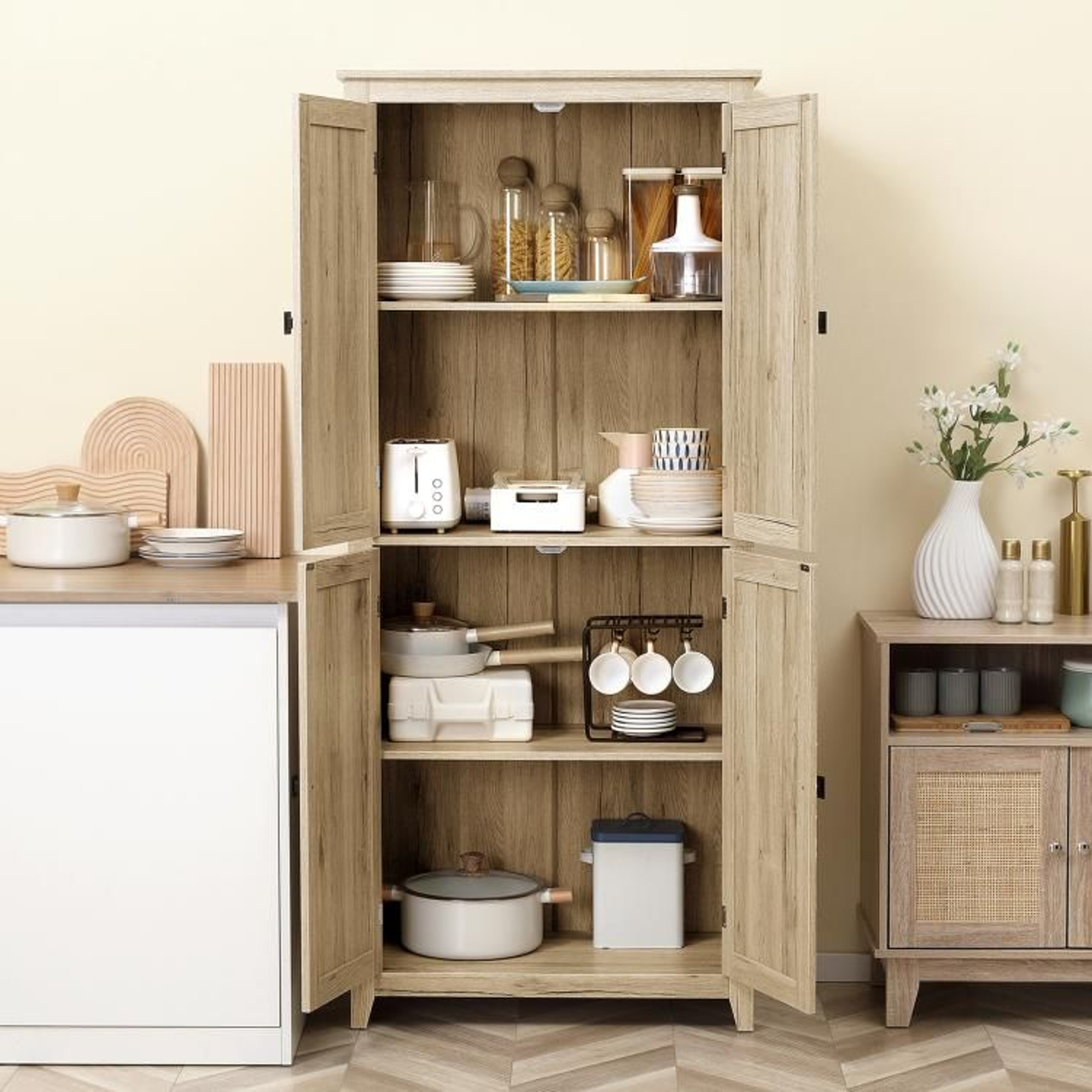 72Inch Farmhouse Kitchen Pantry Cabinet With 4 Doors And Adjustable Shelves 3