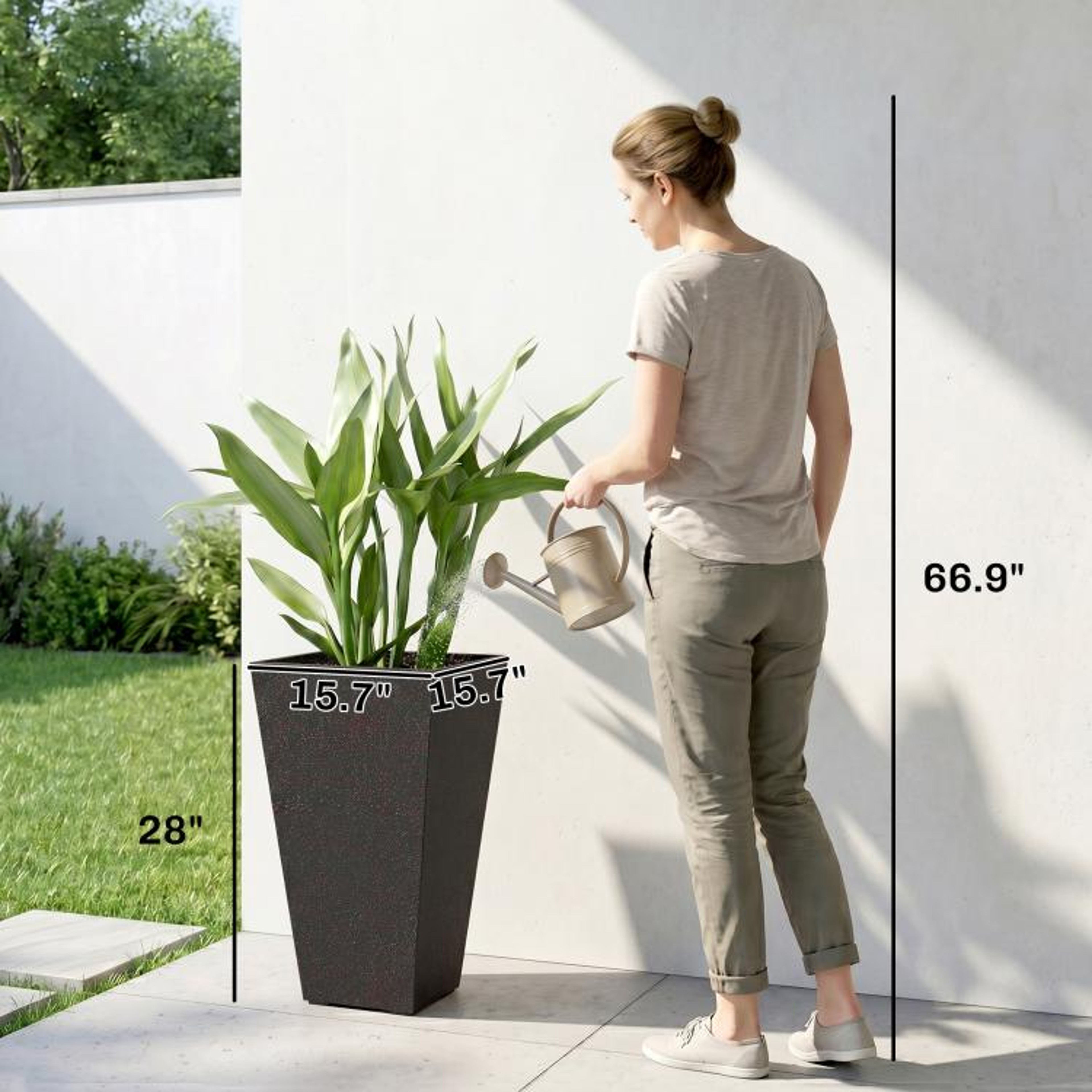 28 Inch Tall Planters Set Of 3 With Marble Finish And Drainage Holes  Brown 4