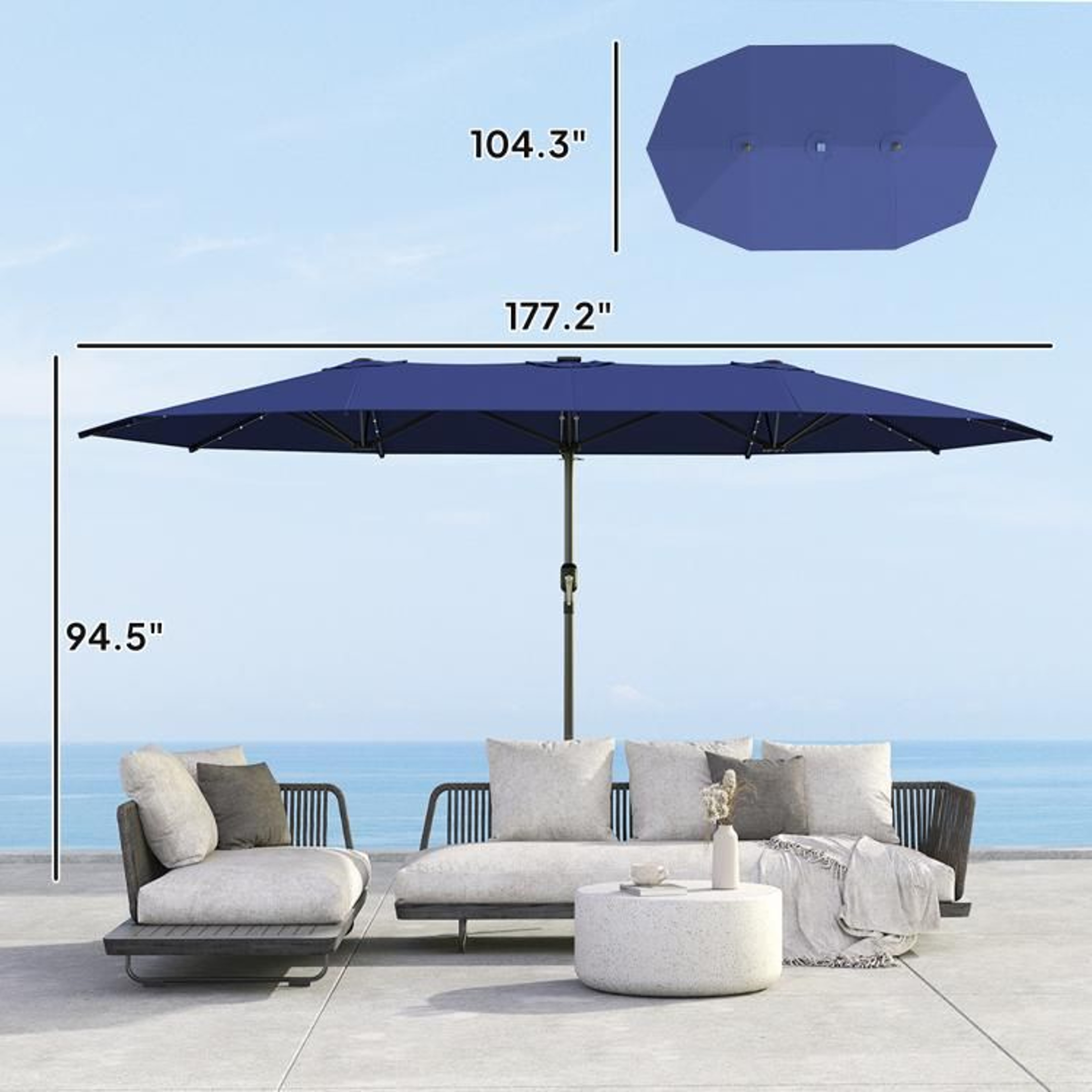 148 Ft DoubleSided Patio Umbrella With 48 Solar LED Lights  Navy Blue 4