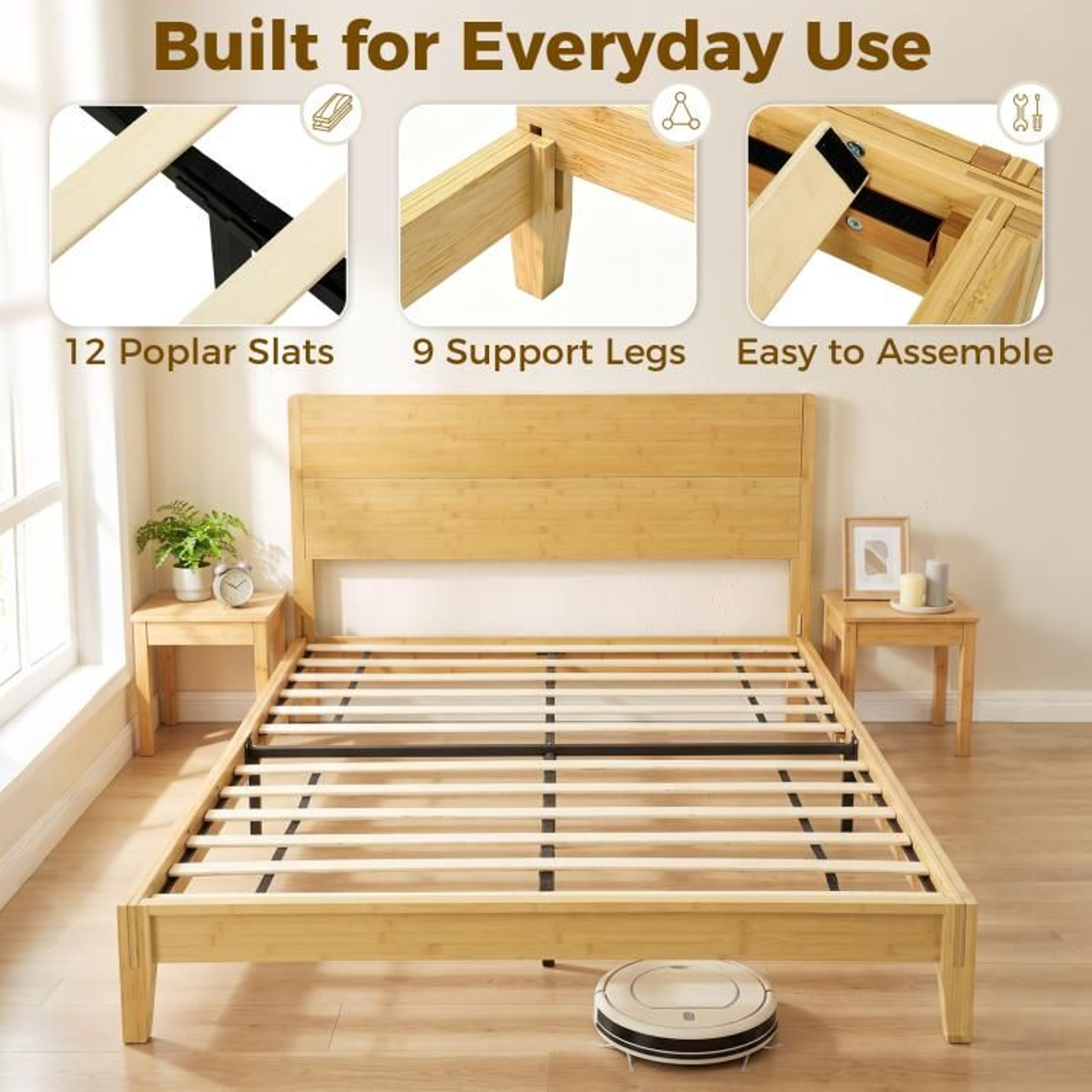 Queen Size Bamboo Platform Bed Frame With Headboard And 12 Wood Slats 2