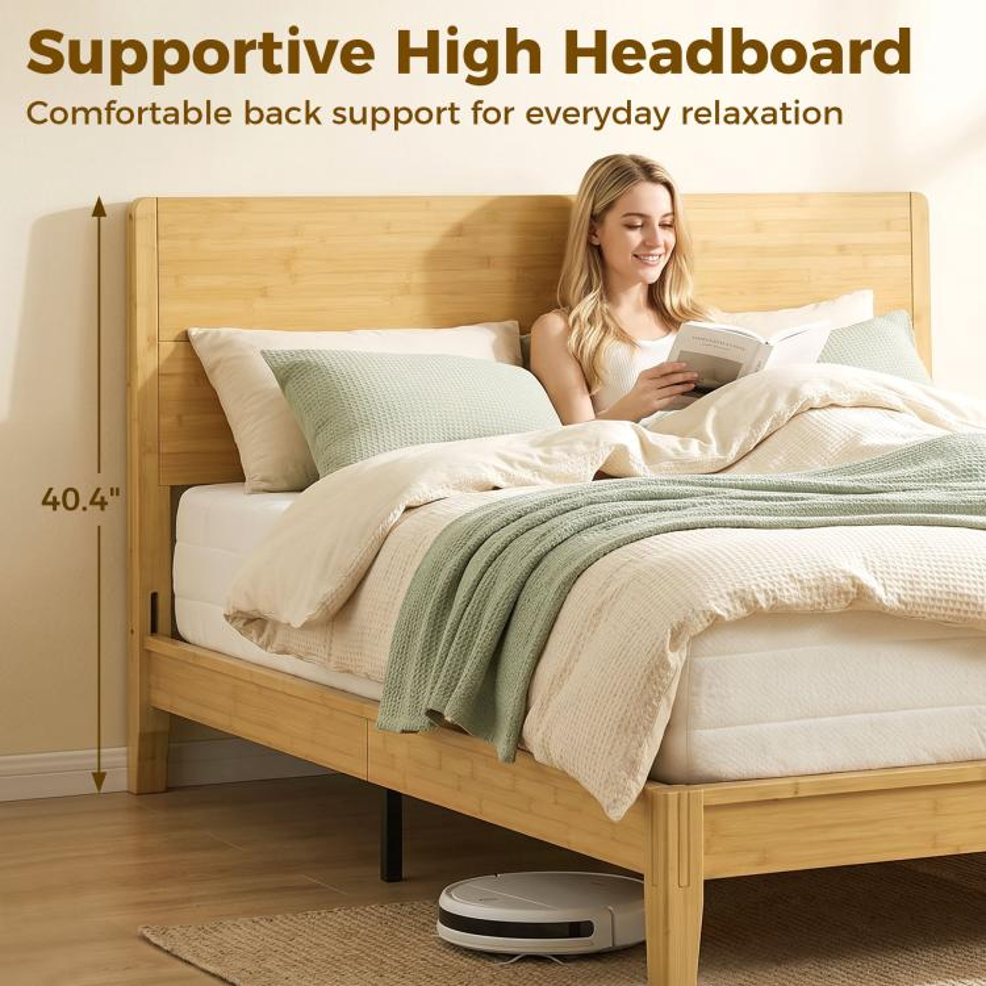 Queen Size Bamboo Platform Bed Frame With Headboard And 12 Wood Slats 3
