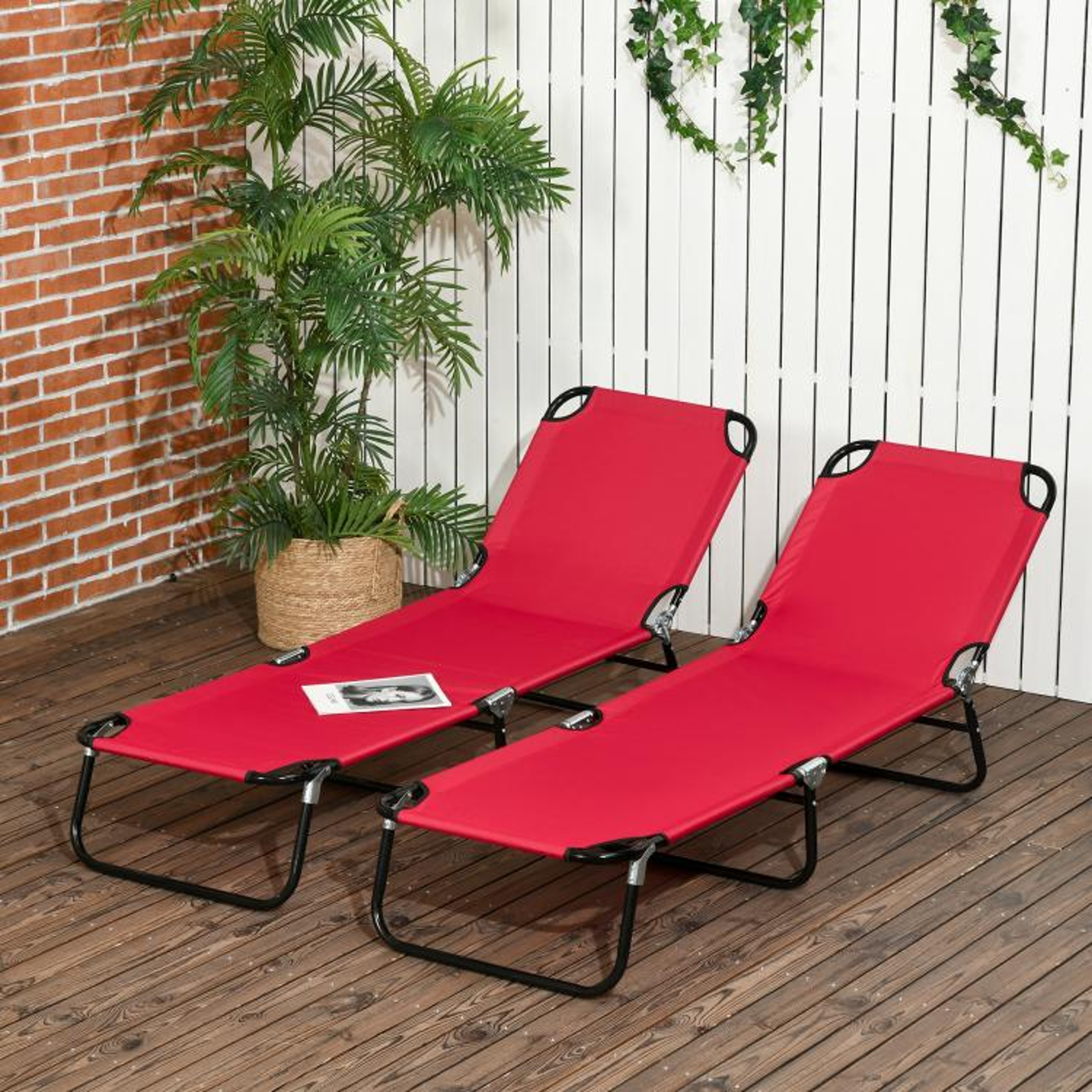 Set Of 2 Folding Chaise Lounge Chairs With 5Position Reclining Backs  Red 2