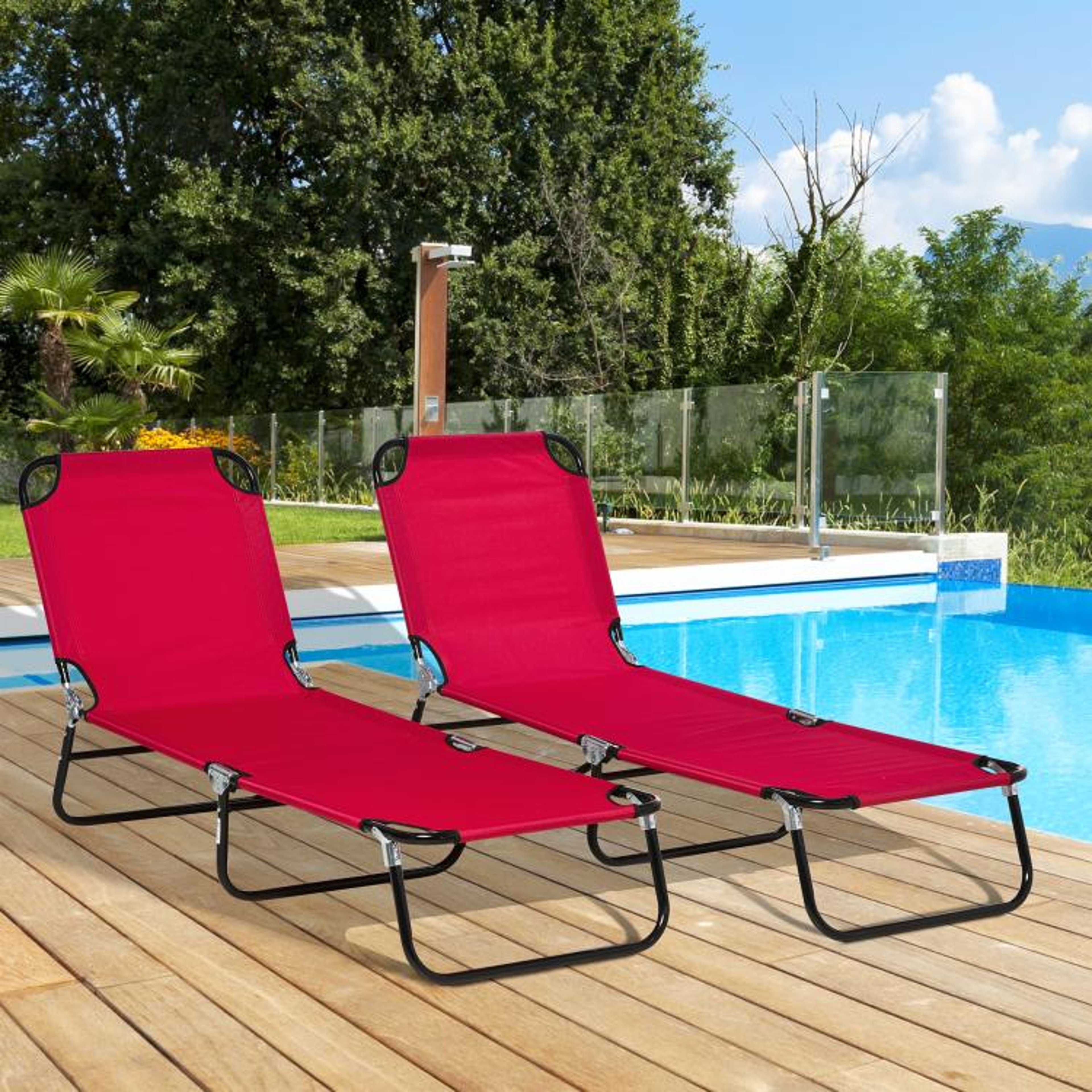 Set Of 2 Folding Chaise Lounge Chairs With 5Position Reclining Backs  Red 3