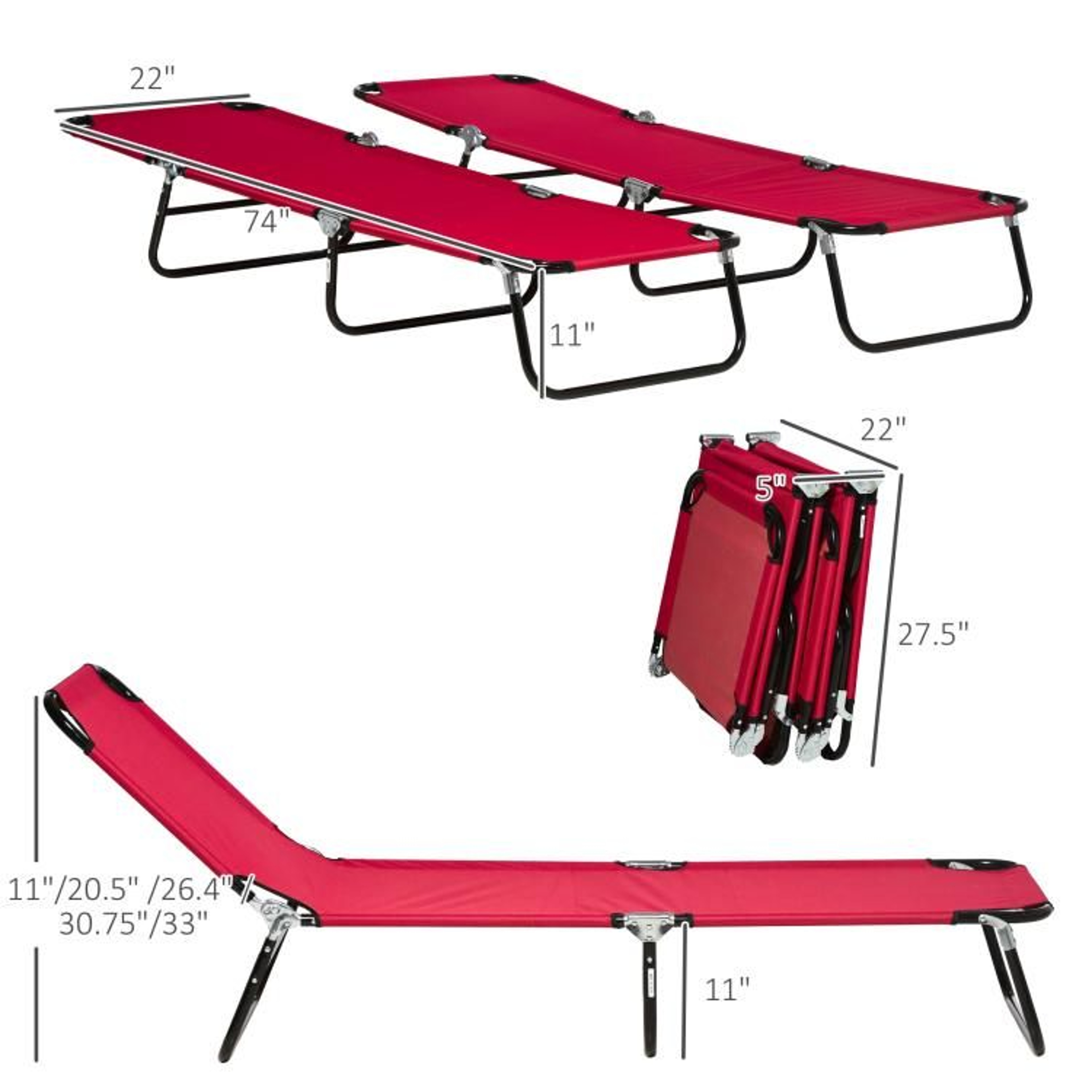 Set Of 2 Folding Chaise Lounge Chairs With 5Position Reclining Backs  Red 4