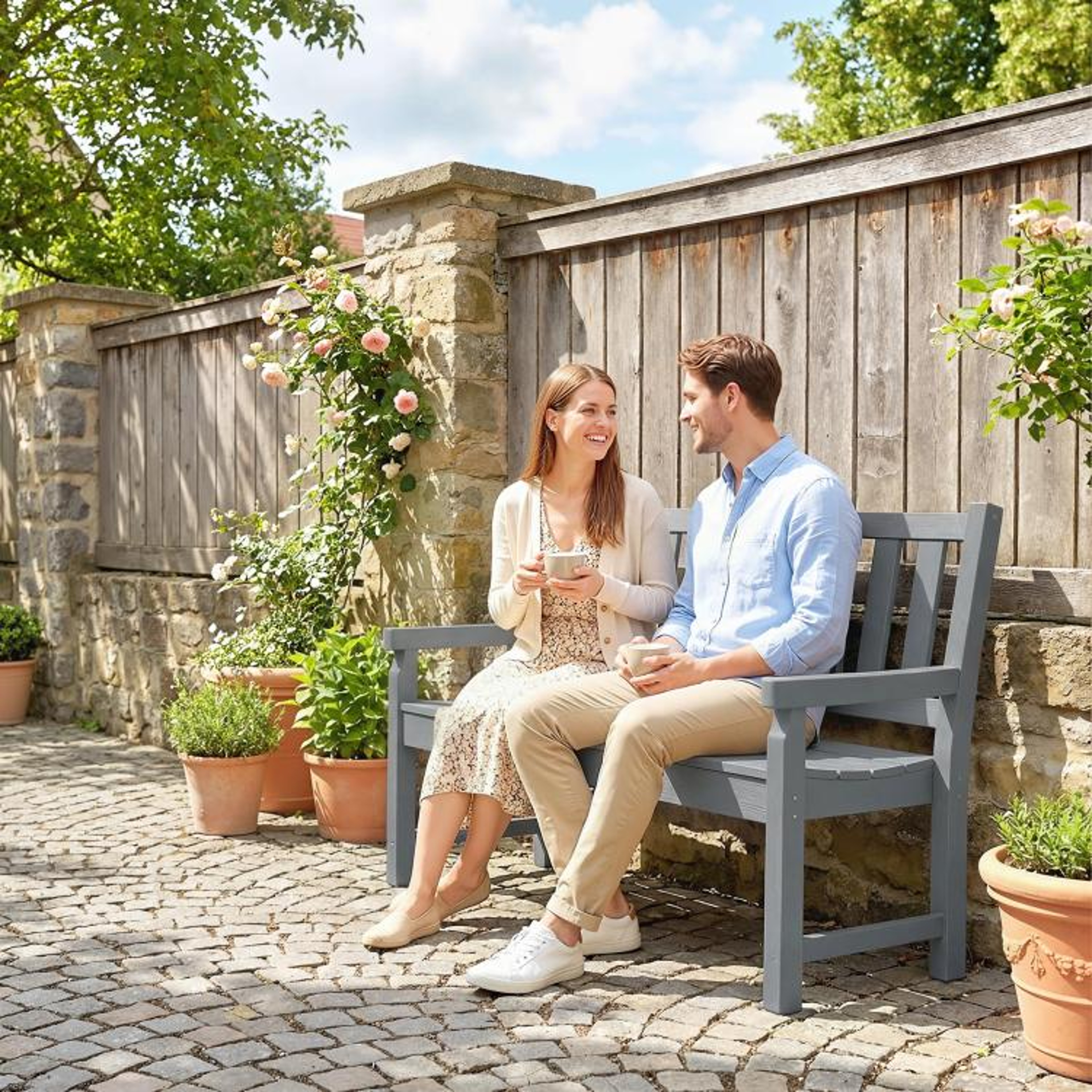 2Person HDPE Outdoor Garden Bench With Curved Seat And WoodGrain Finish  Gray 2