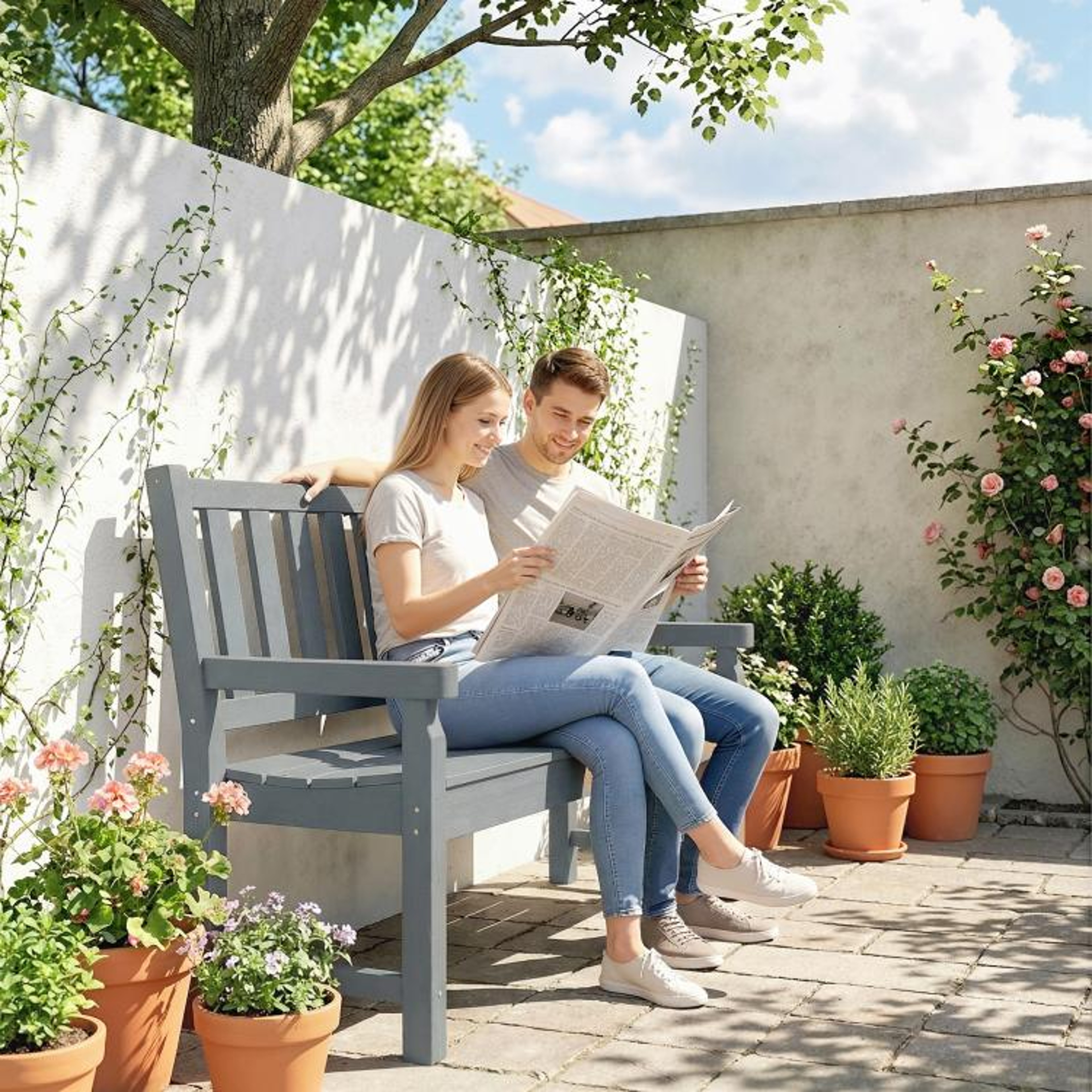 2Person HDPE Outdoor Garden Bench With Curved Seat And WoodGrain Finish  Gray 3