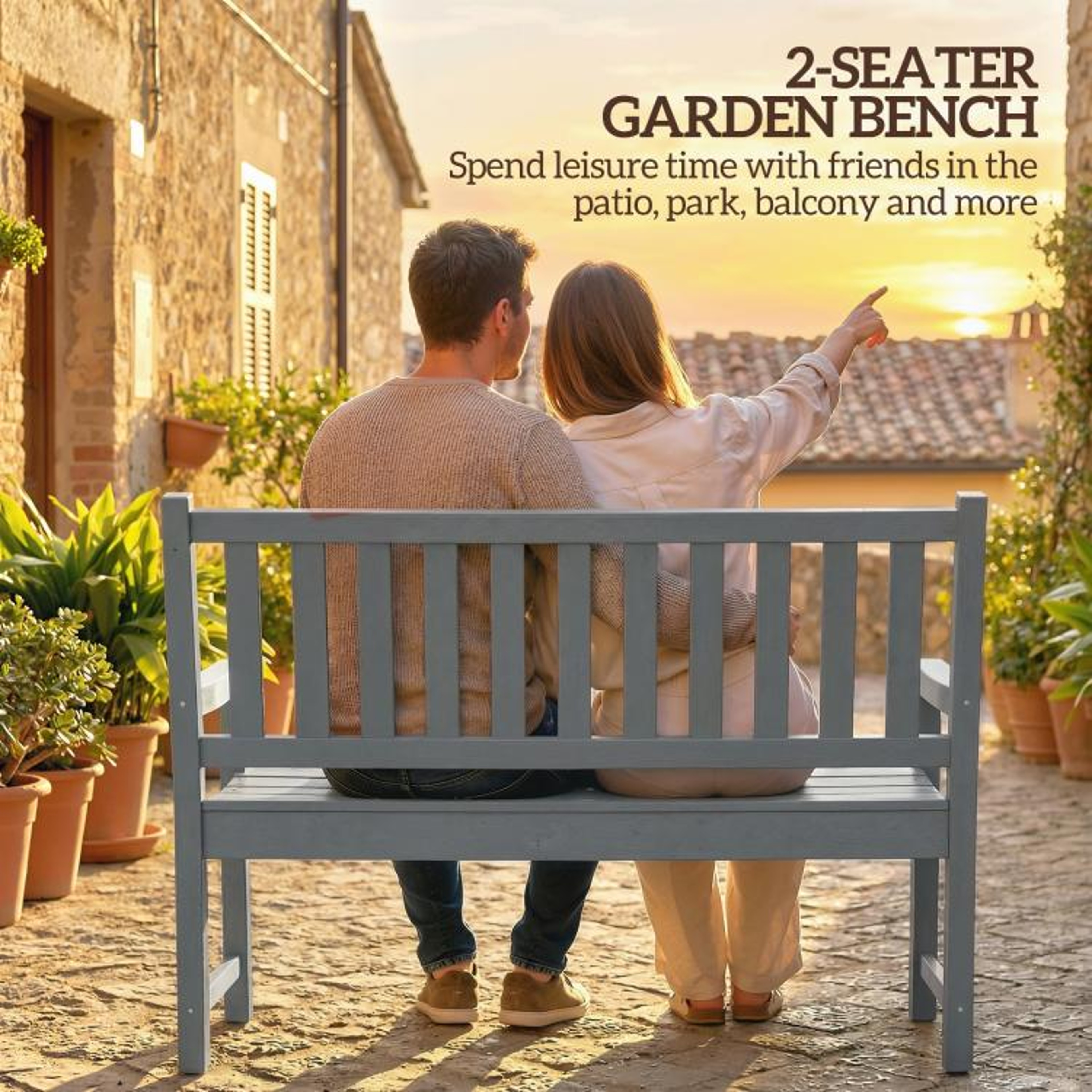 2Person HDPE Outdoor Garden Bench With Curved Seat And WoodGrain Finish  Gray 5