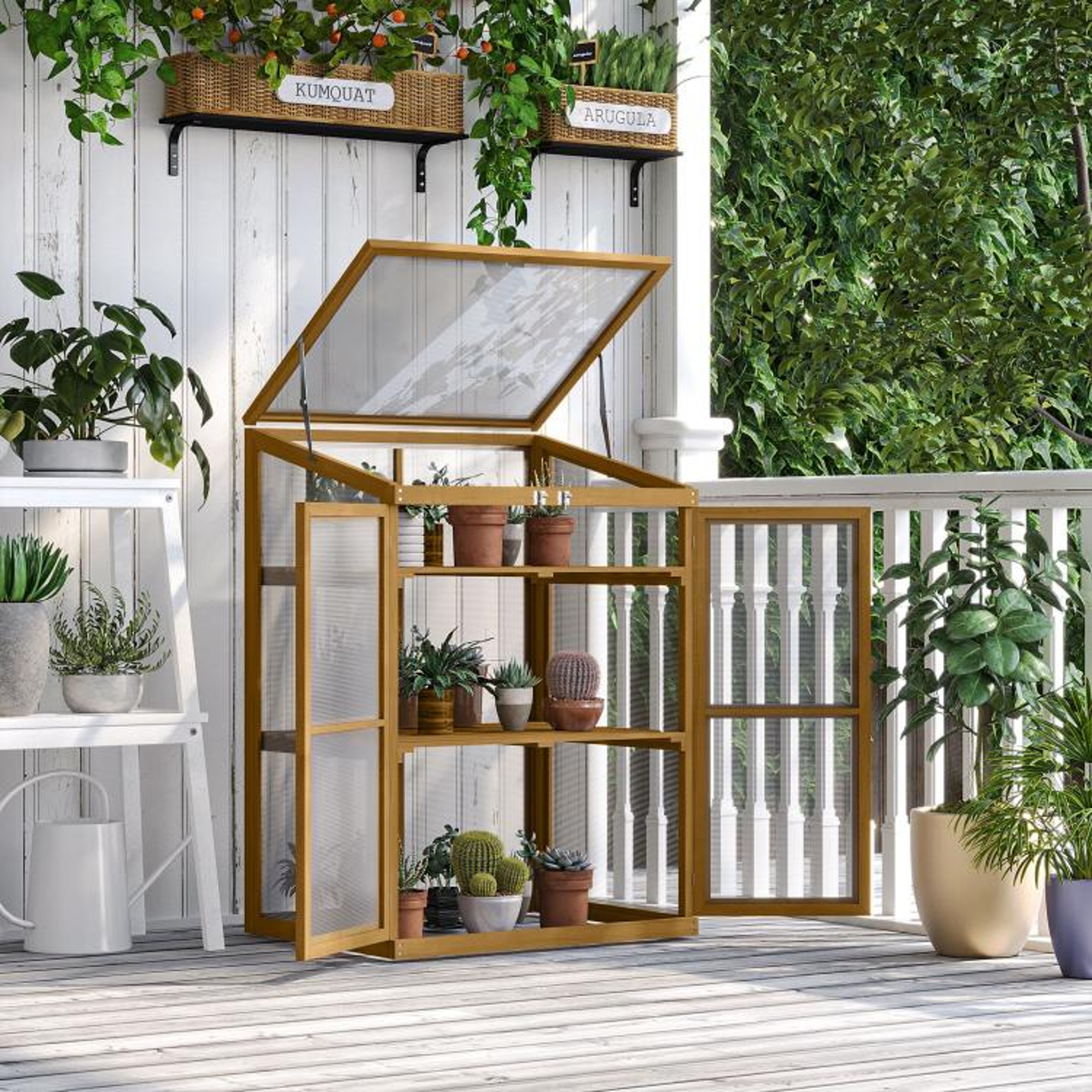 Wooden Cold Frame Greenhouse With Removable Shelves And Double Doors 3