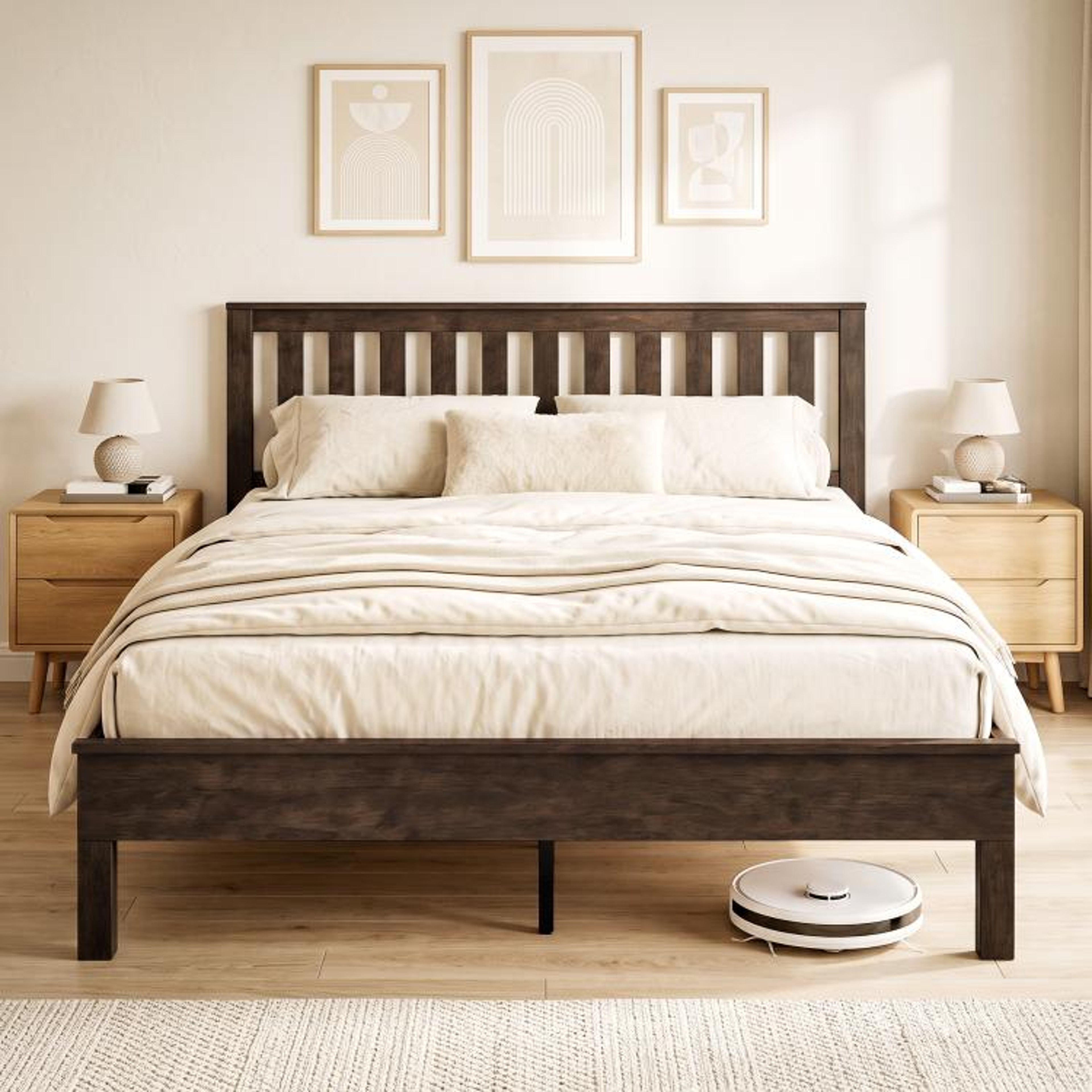 Queen Size Wood Platform Bed Frame With Headboard And Footboard In Walnut 2
