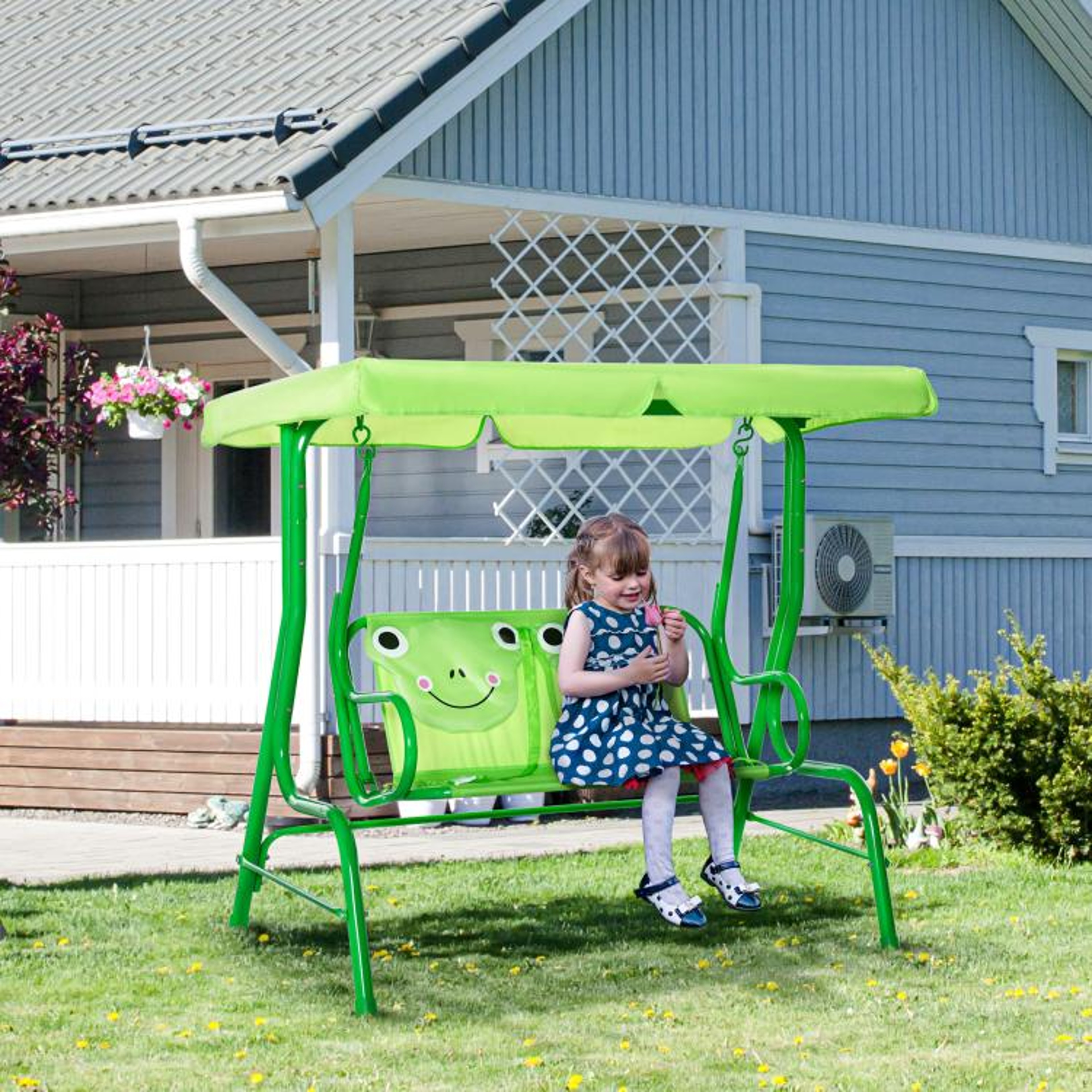 Kids Outdoor Patio Swing With Adjustable Canopy And 2 Seats  Green 2