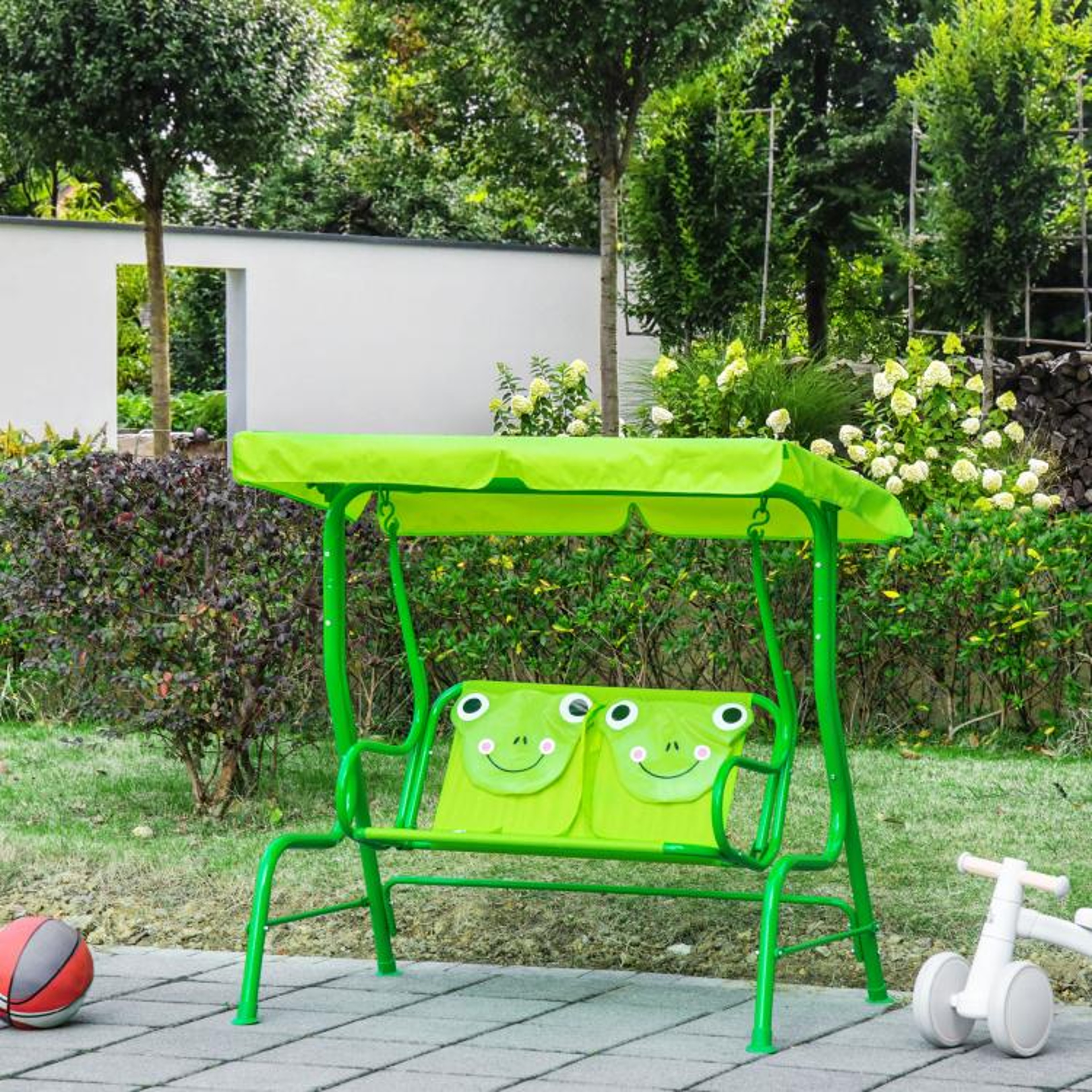 Kids Outdoor Patio Swing With Adjustable Canopy And 2 Seats  Green 3