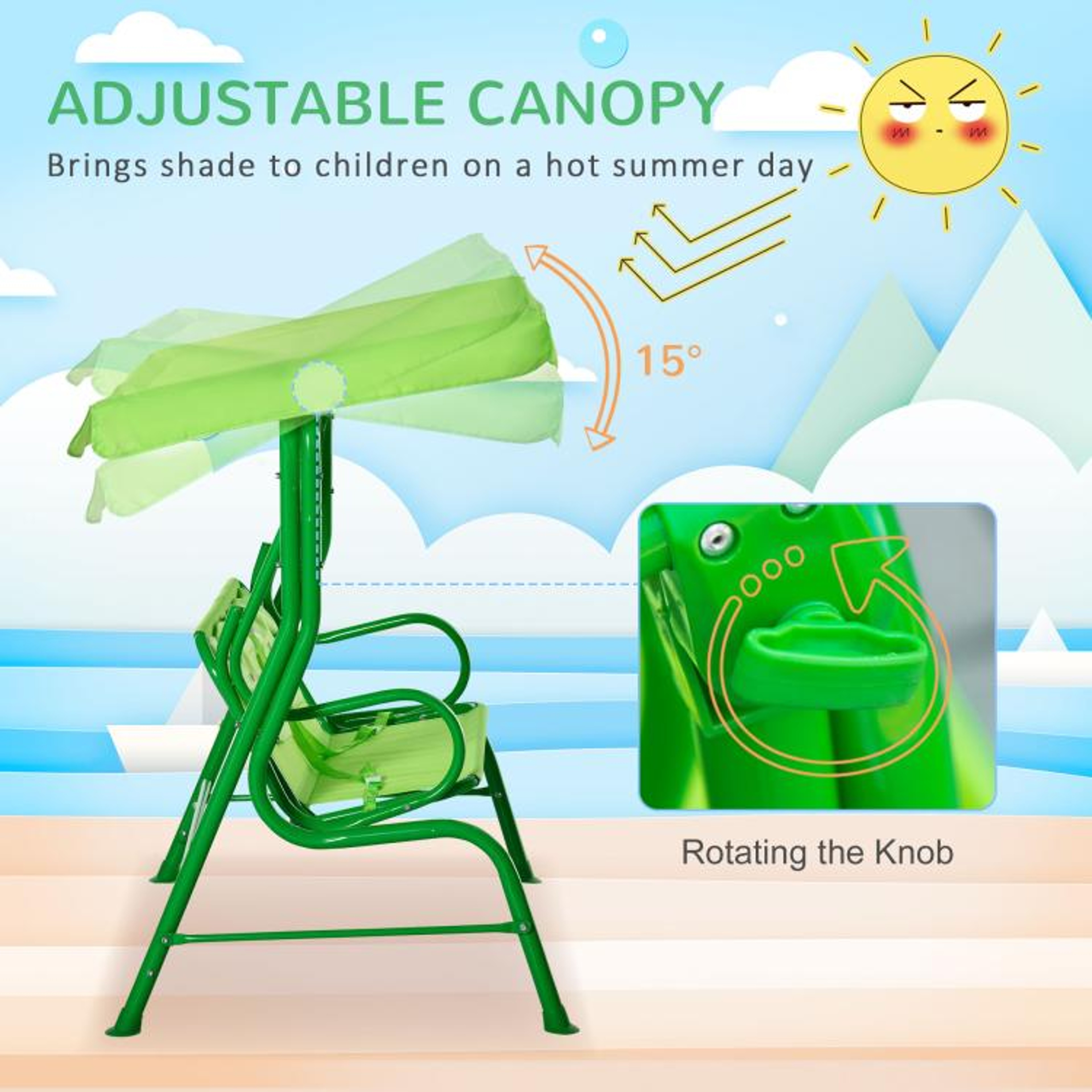 Kids Outdoor Patio Swing With Adjustable Canopy And 2 Seats  Green 5