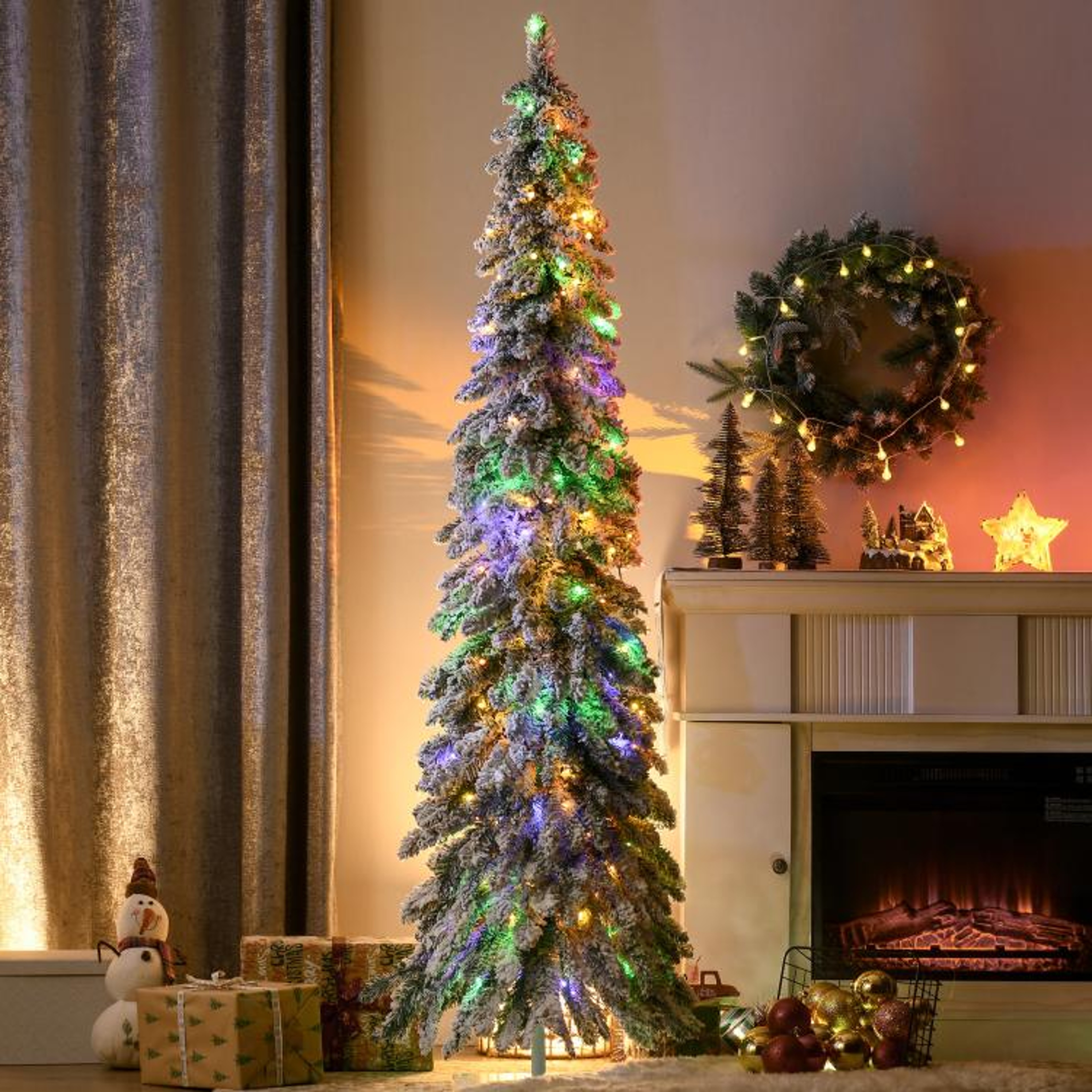 6 Ft Slim Flocked Christmas Tree With LED Lights And Snowy Downswept Branches 2