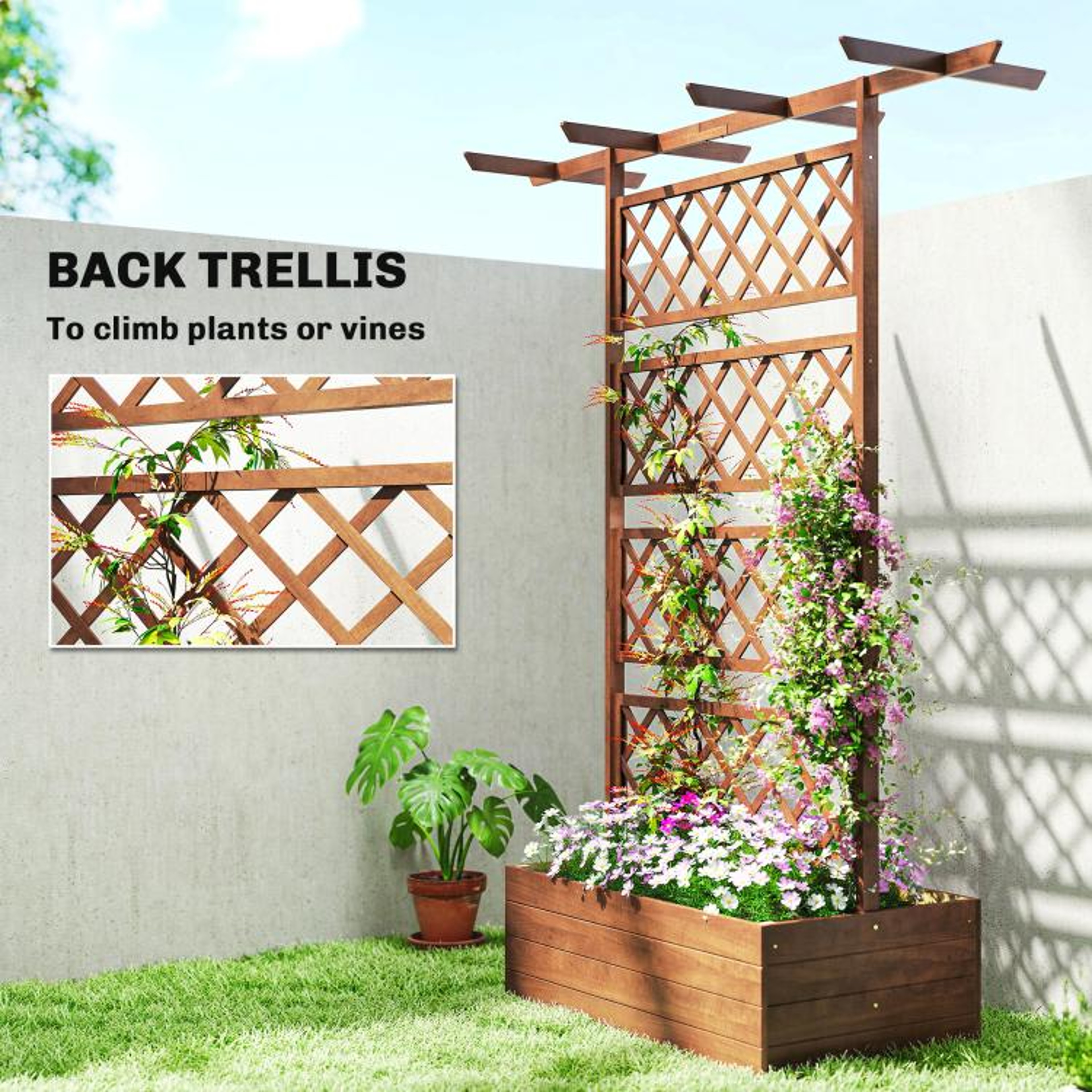 Wooden Raised Garden Bed With Trellis And Pergola Roof For Climbing Plants 5