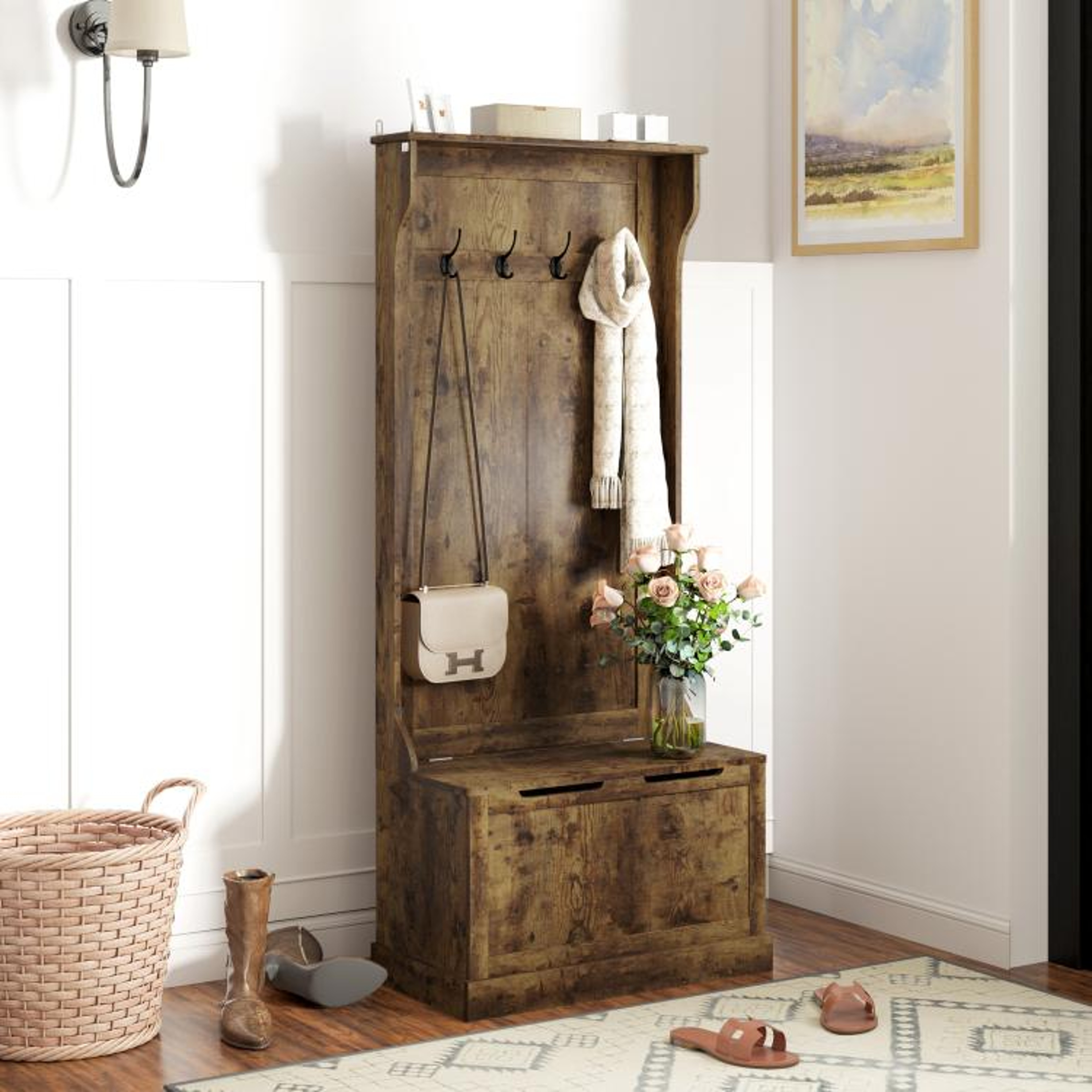 Hall Tree With Coat Rack And Shoe Storage Bench  Rustic Brown 5